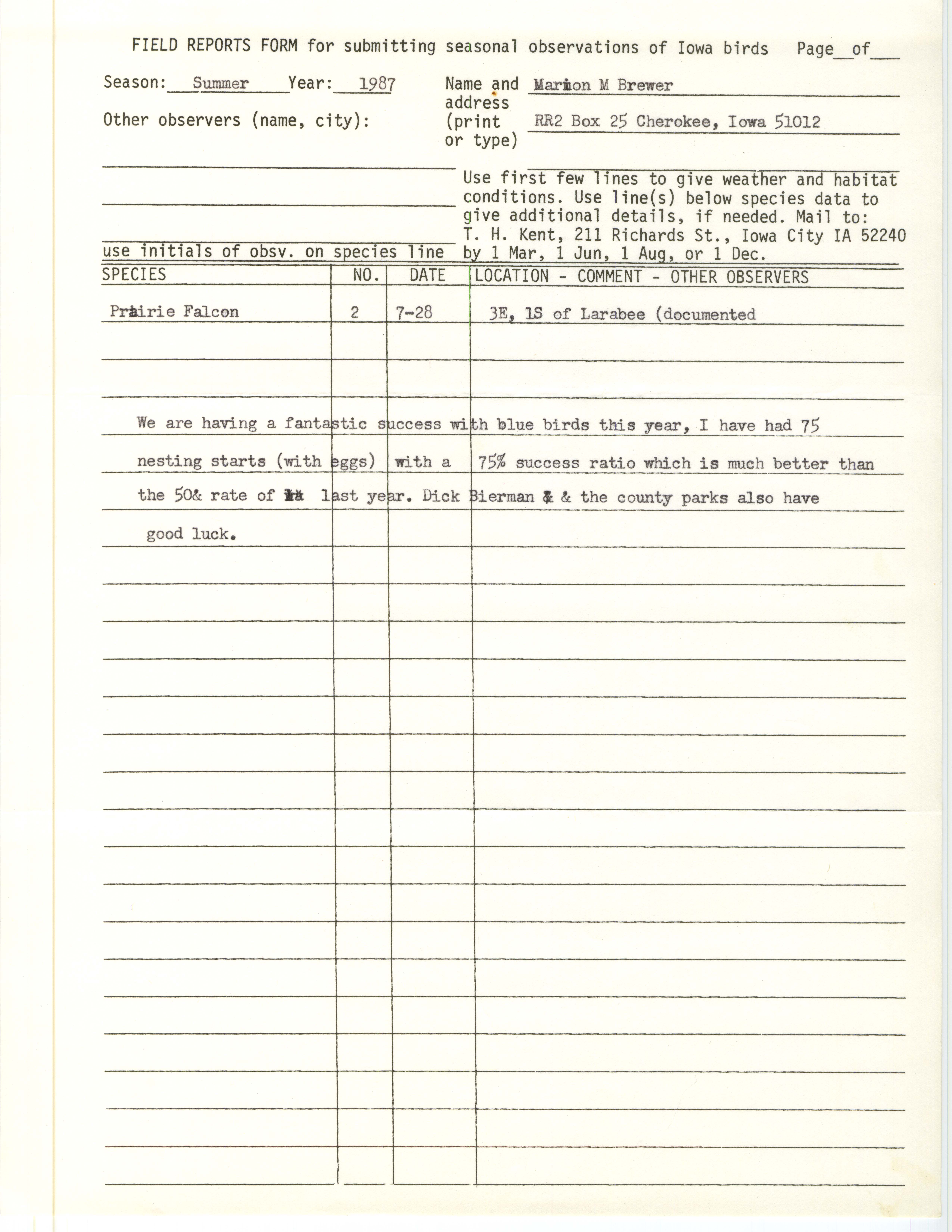 Field reports form for submitting seasonal observations of Iowa birds, Marion M. Brewer, summer 1987