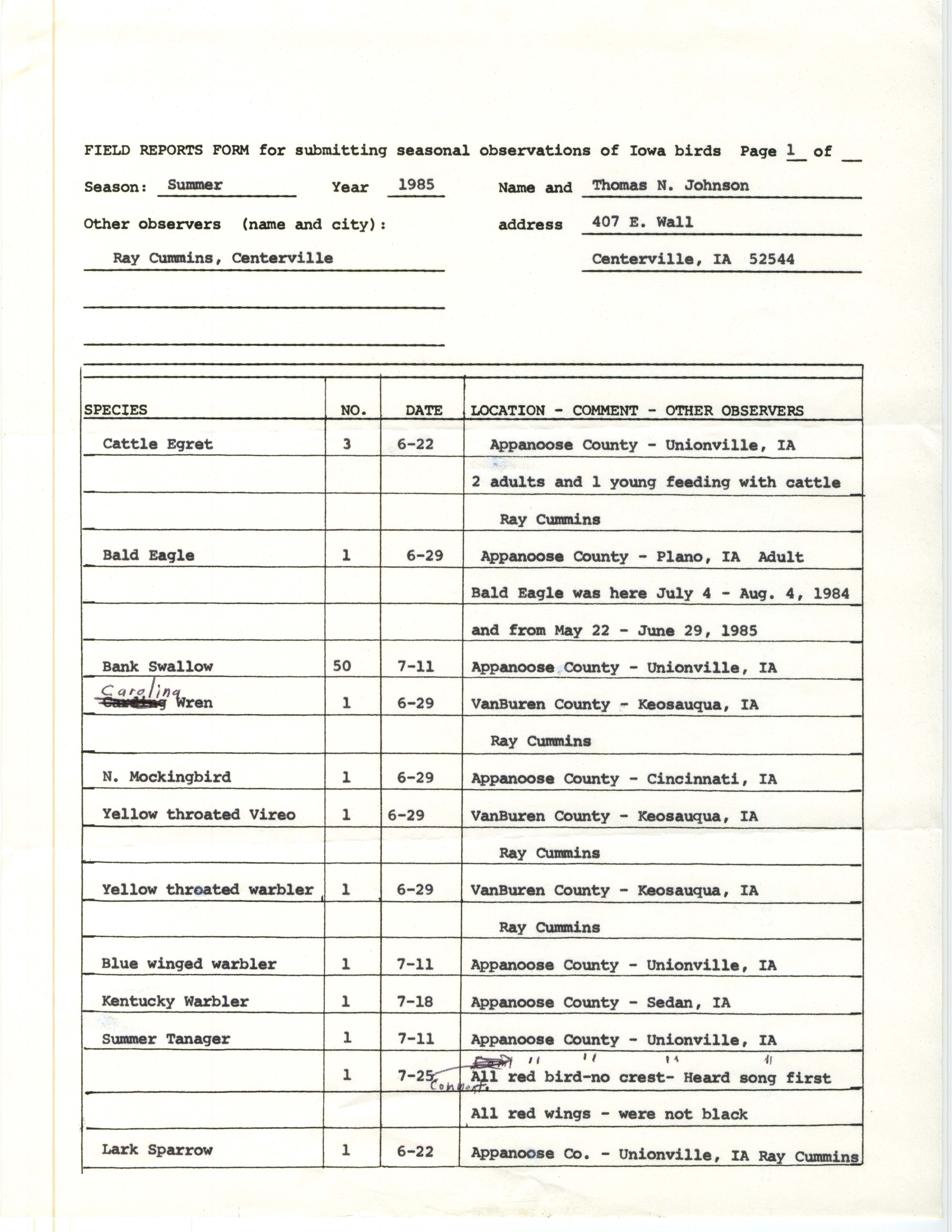 Field reports form for submitting seasonal observations of Iowa birds, Tom Johnson, summer 1985