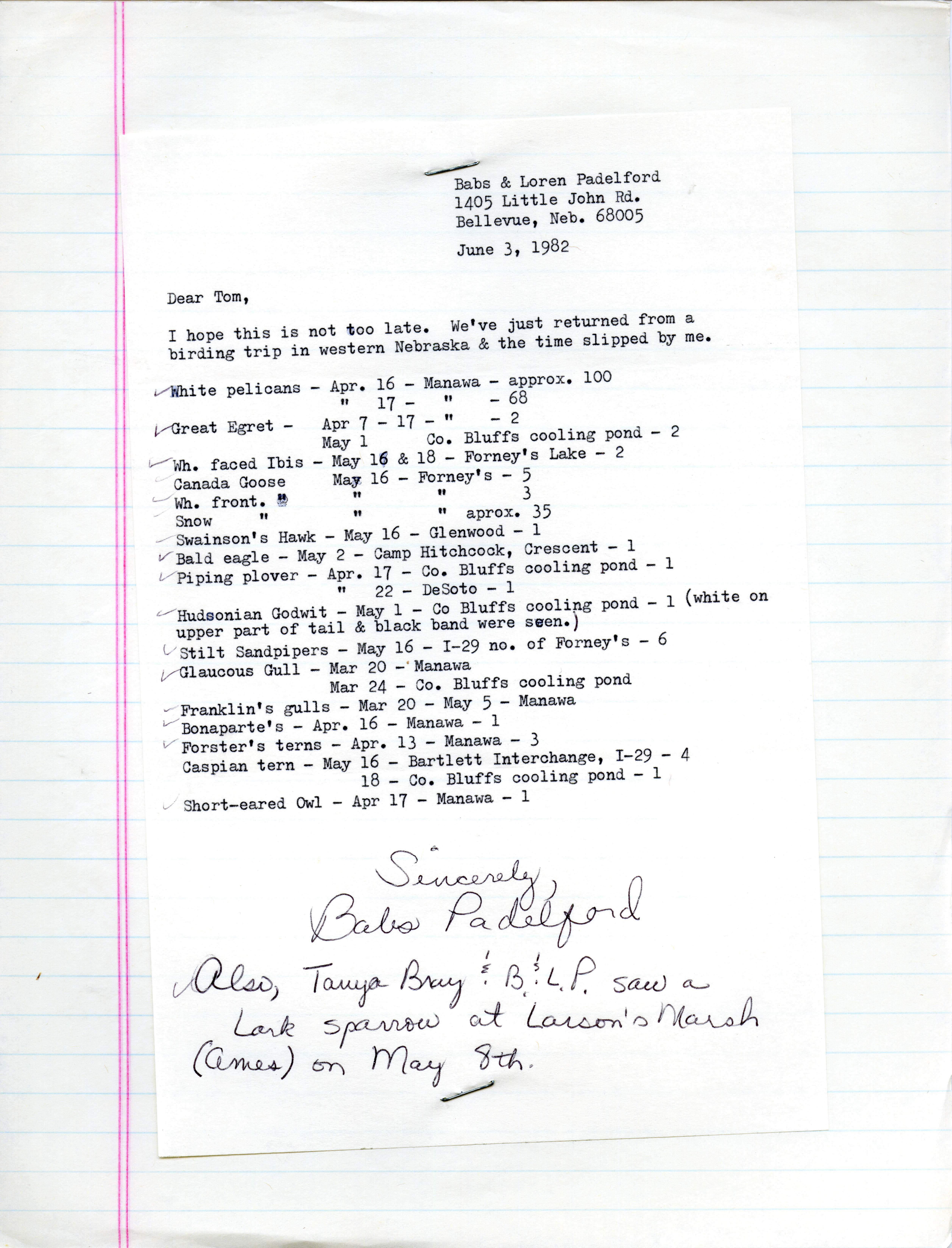 Babs Padelford letter to Thomas H. Kent regarding field notes, June 3, 1982
