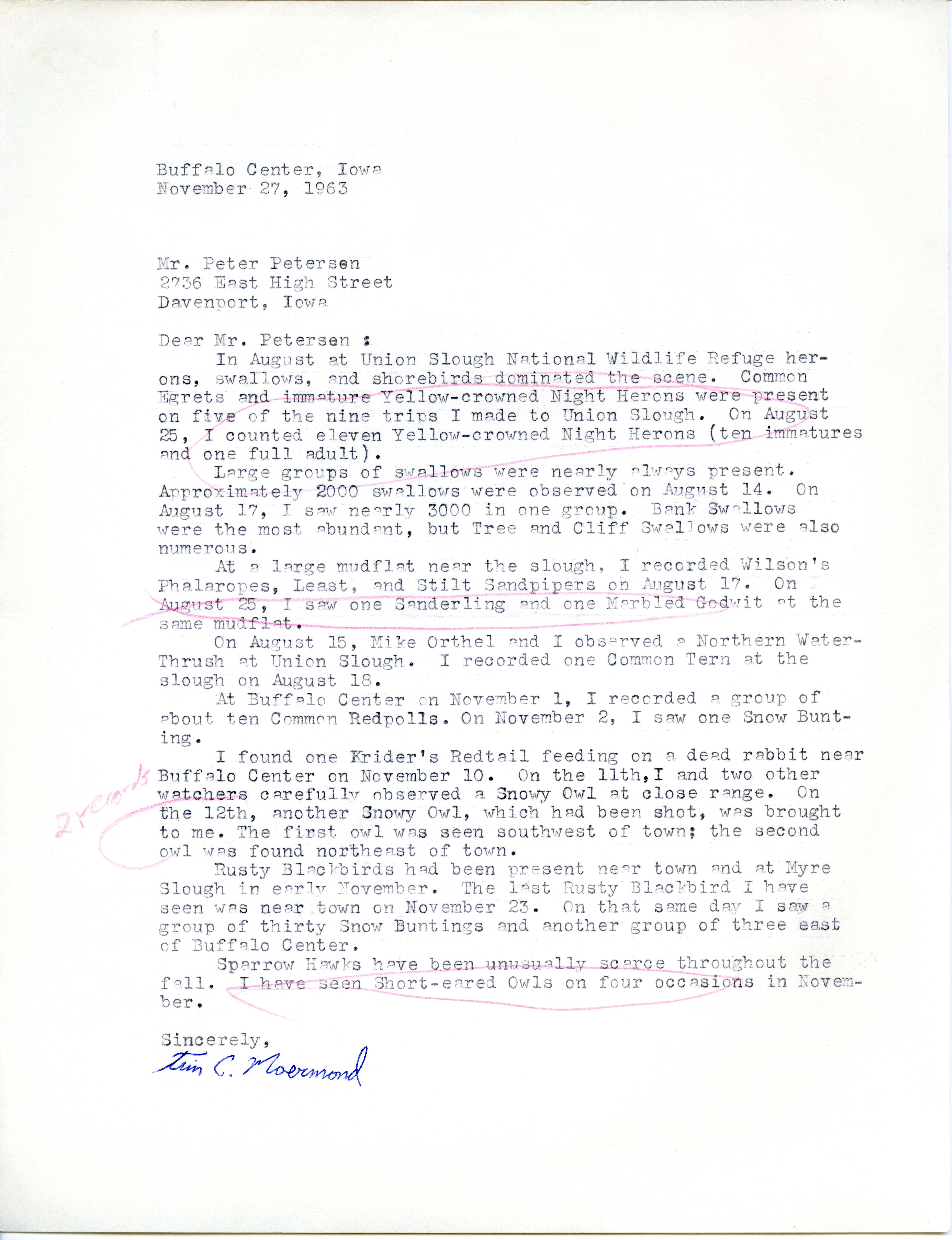 Tim C. Moermond letter to Peter C. Petersen regarding field notes, November 27, 1963