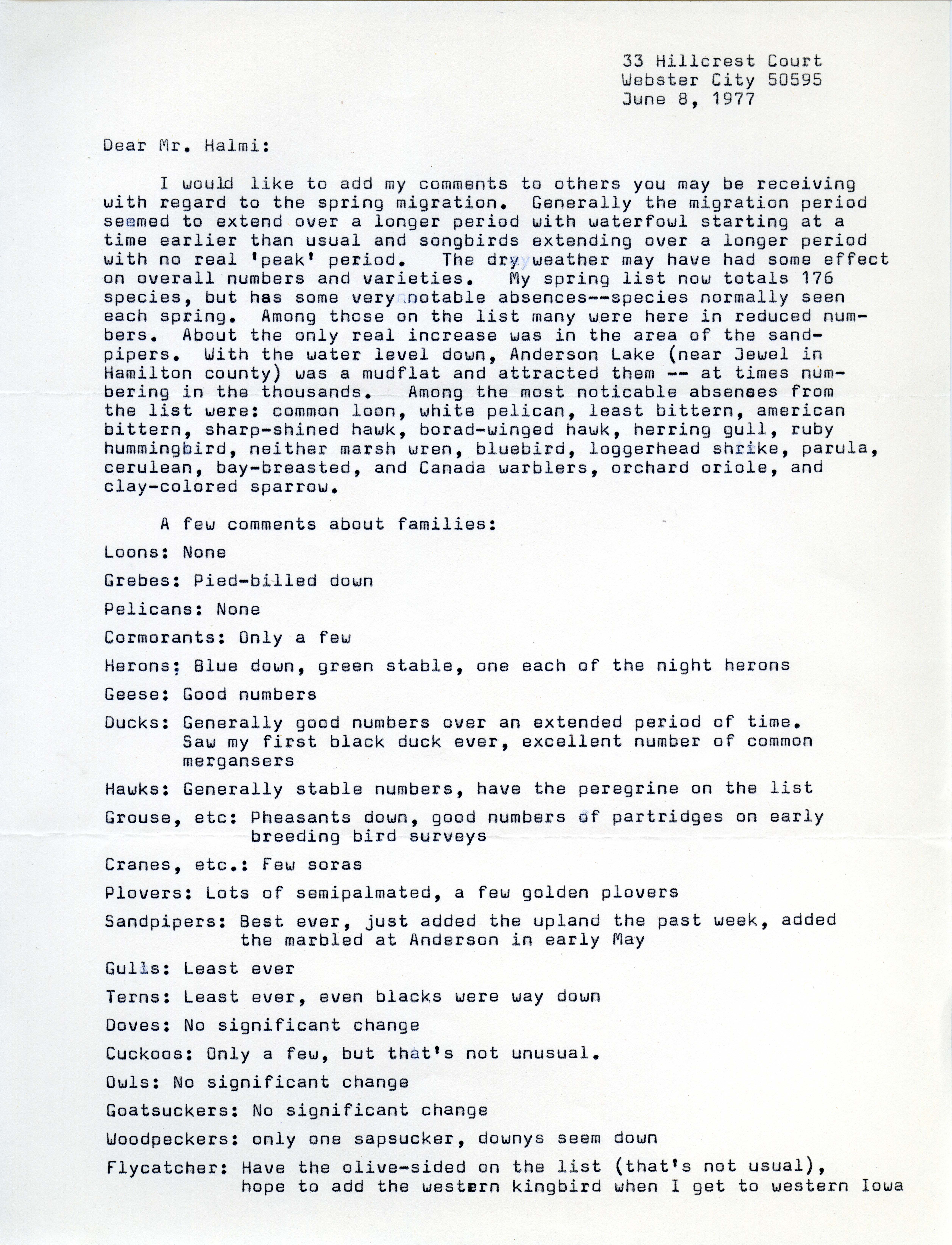 Ron Muilenburg letter to Nicholas S. Halmi regarding bird sightings, June 8, 1977