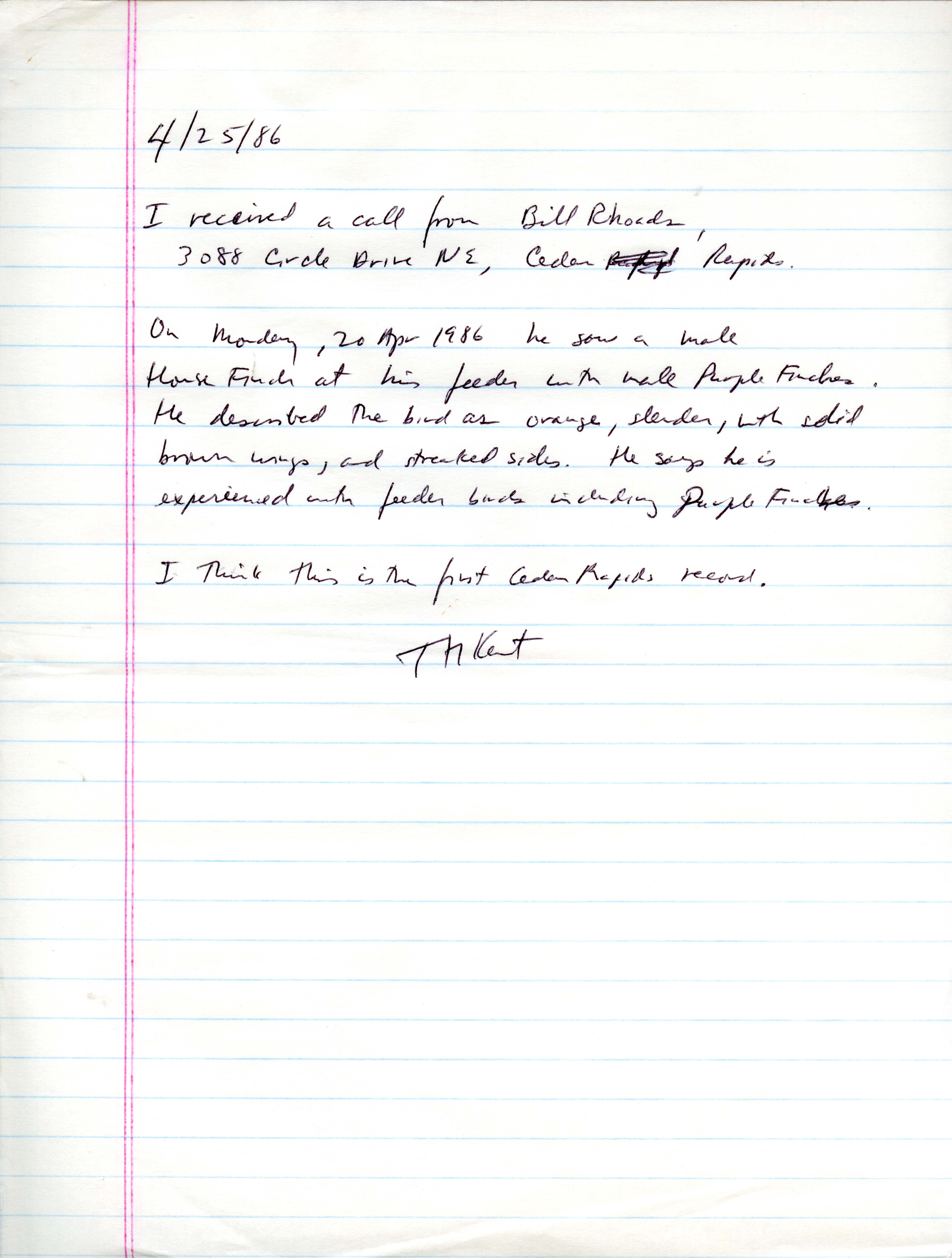Thomas Kent note regarding phone call from Bill Rhoads, April 25, 1986