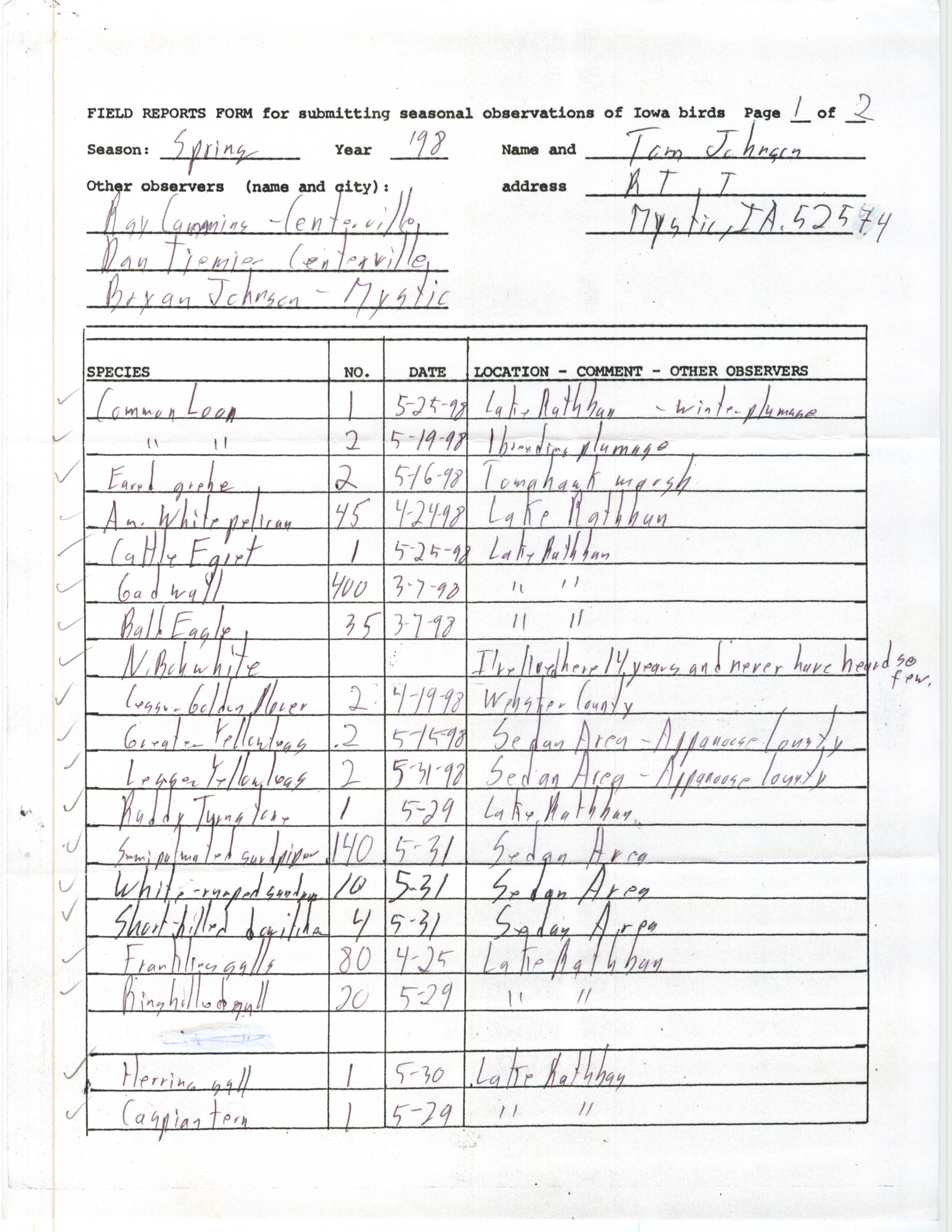 Field reports form for submitting seasonal observations of Iowa birds, Tom Johnson, spring 1998