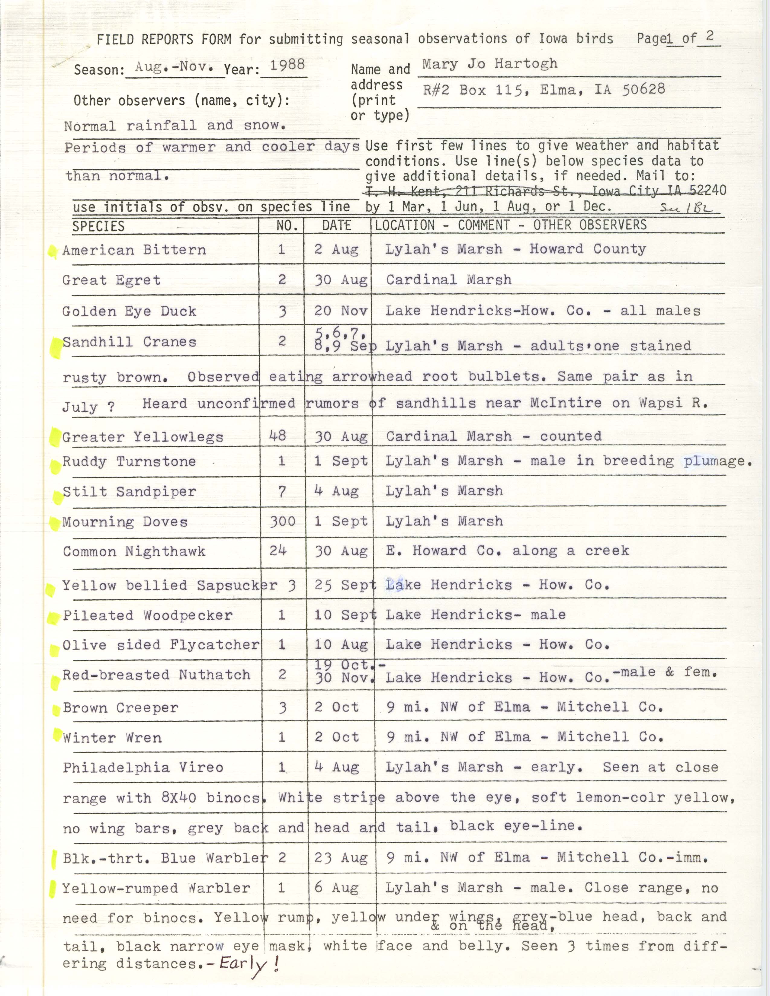 Field reports form for submitting seasonal observations of Iowa birds, Mary Jo Hartogh, fall 1988