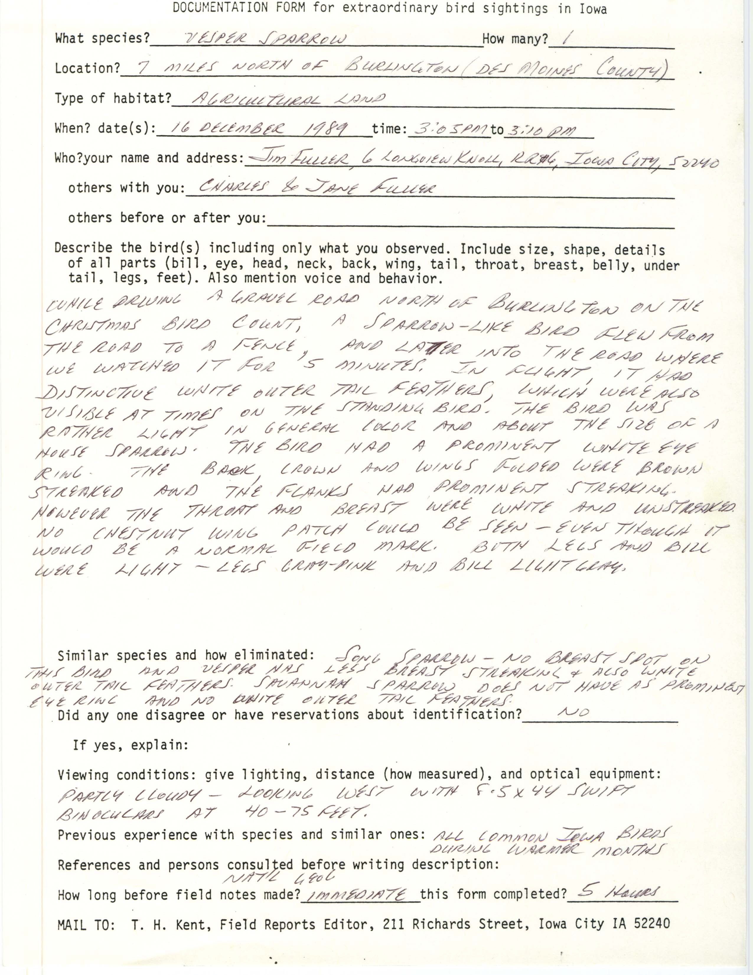 Rare bird documentation form for Vesper Sparrow in Des Moines County, 1989