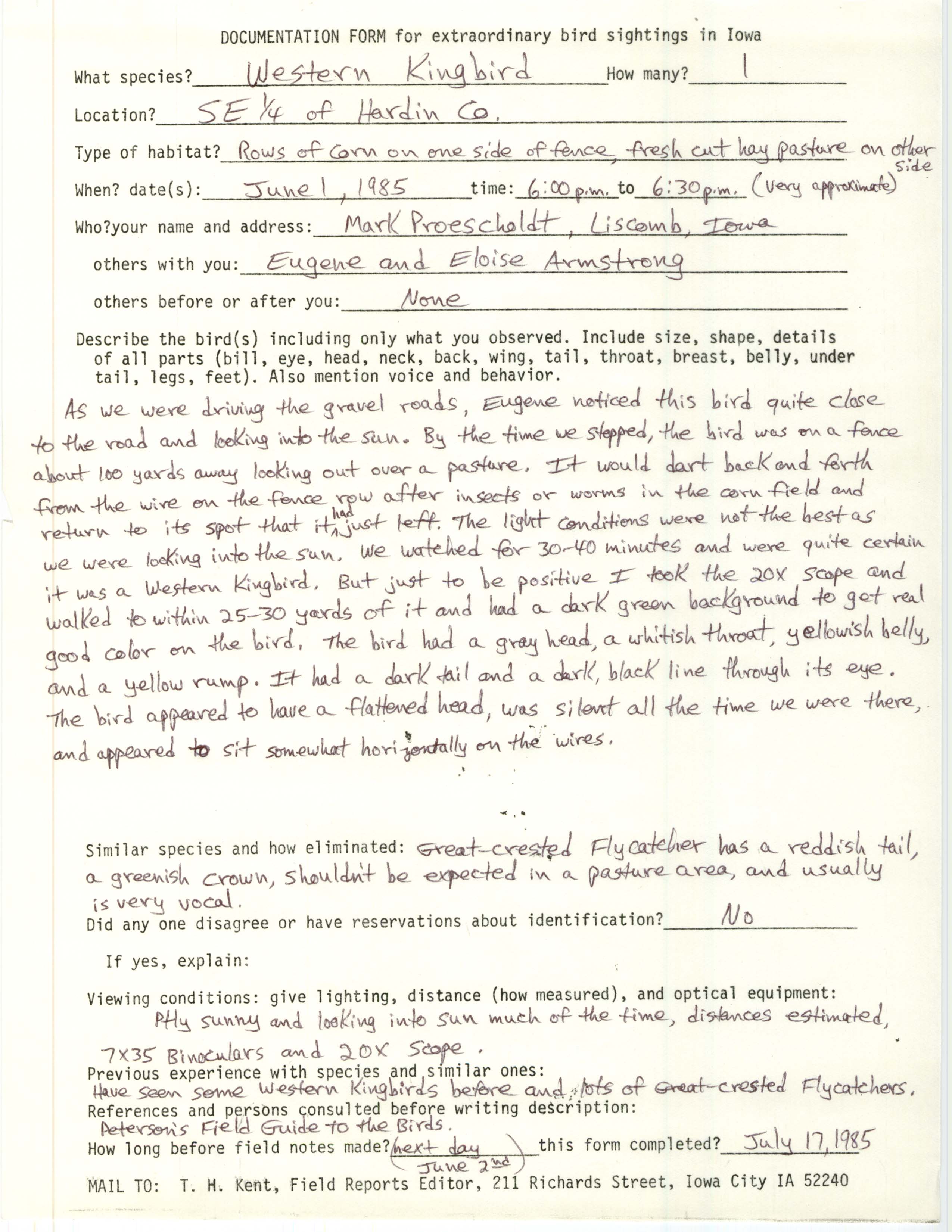 Rare bird documentation form for Western Kingbird at southeastern Hardin County, 1985