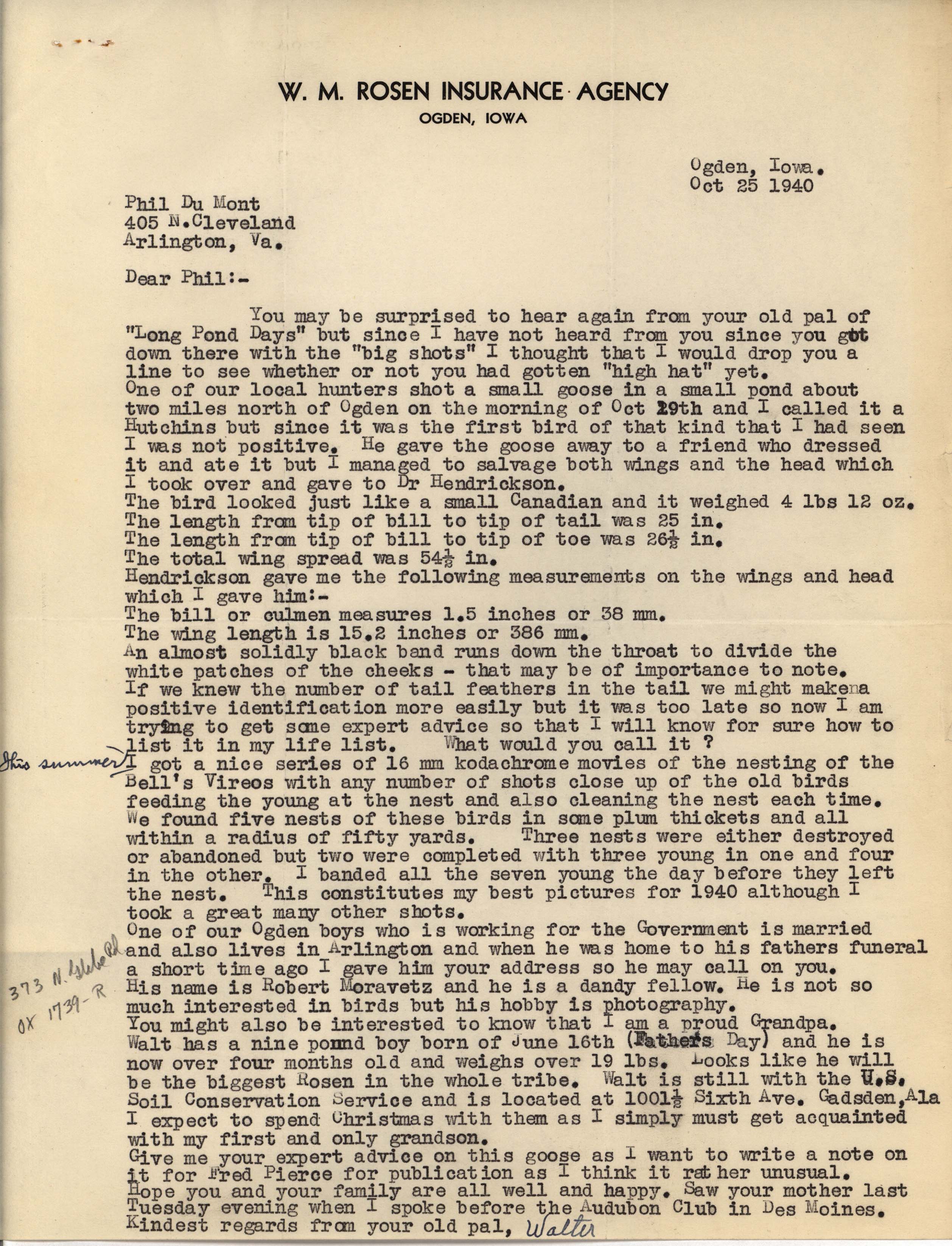 Walter Rosene letter to Philip DuMont regarding goose identification, October 25, 1940