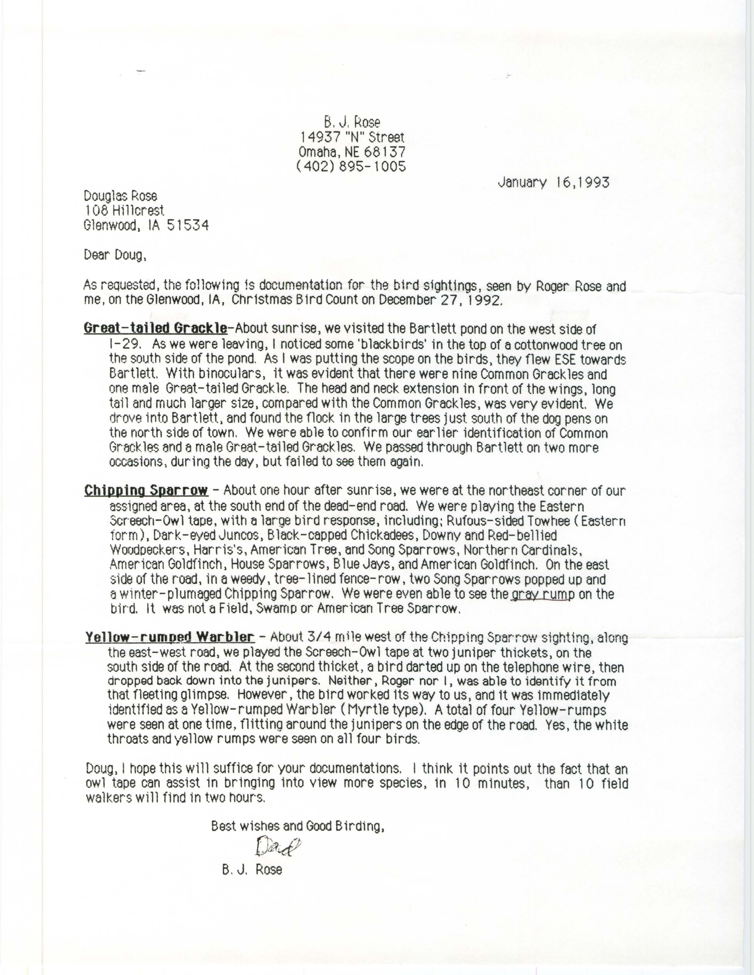 B.J. Rose letter to Doug Rose regarding Christmas Bird Count sightings, January 16, 1993