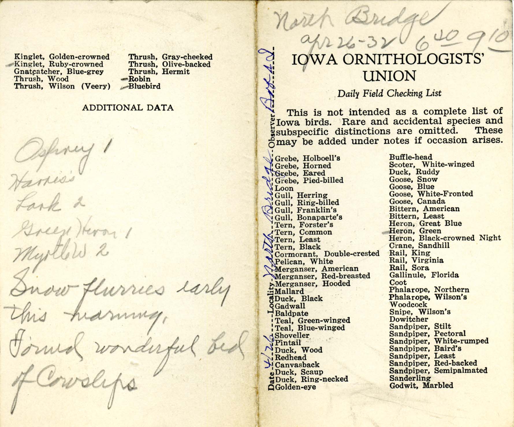 Daily field checking list, Walter Rosene, April 26, 1932