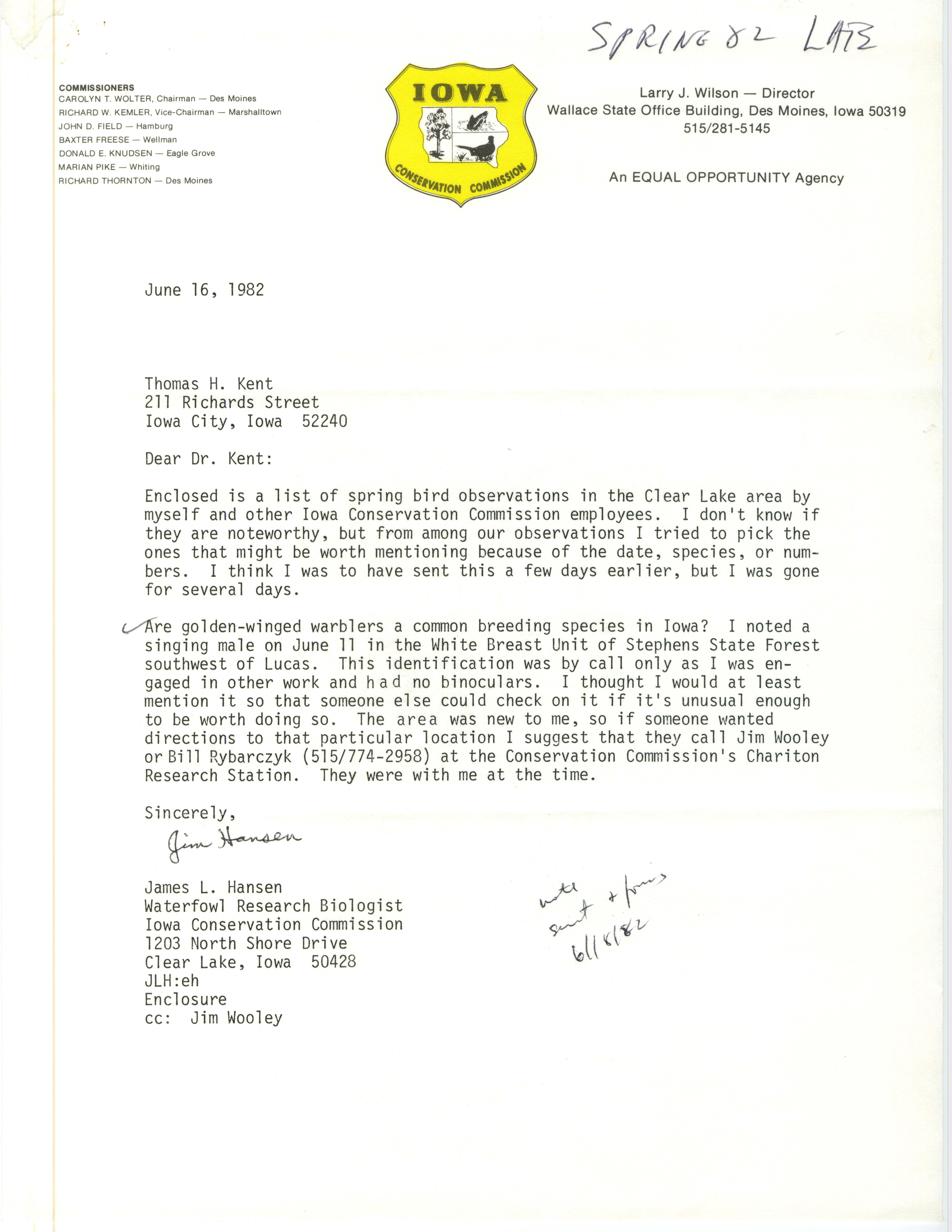 James L. Hansen letter to Thomas H. Kent regarding field report, June 16, 1982