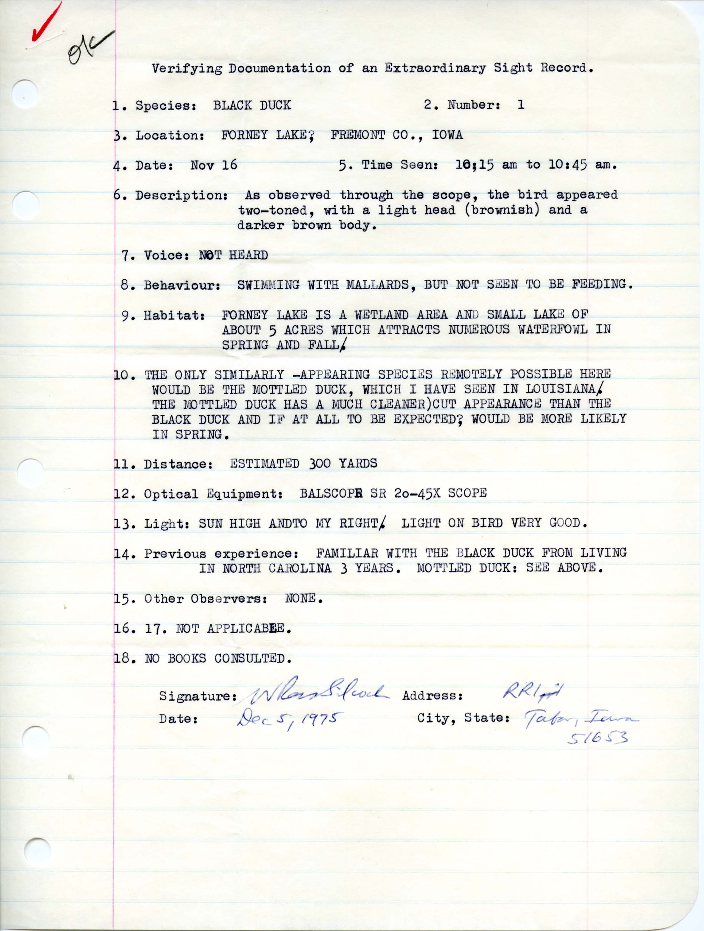 Rare bird documentation form for Black Duck at Forneys Lake, 1975