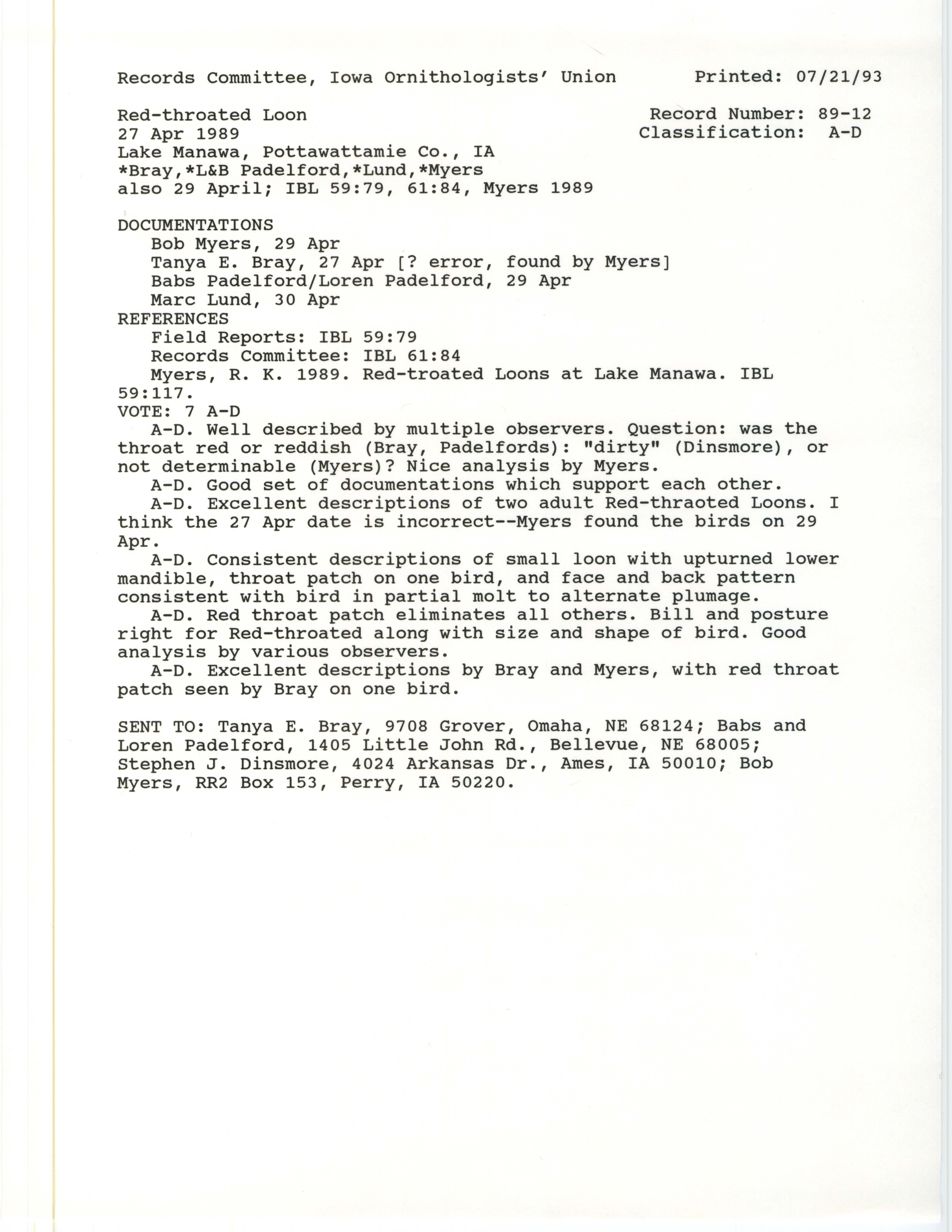 Records Committee review for rare bird sighting of Red-throated Loon at Lake Manawa, 1989