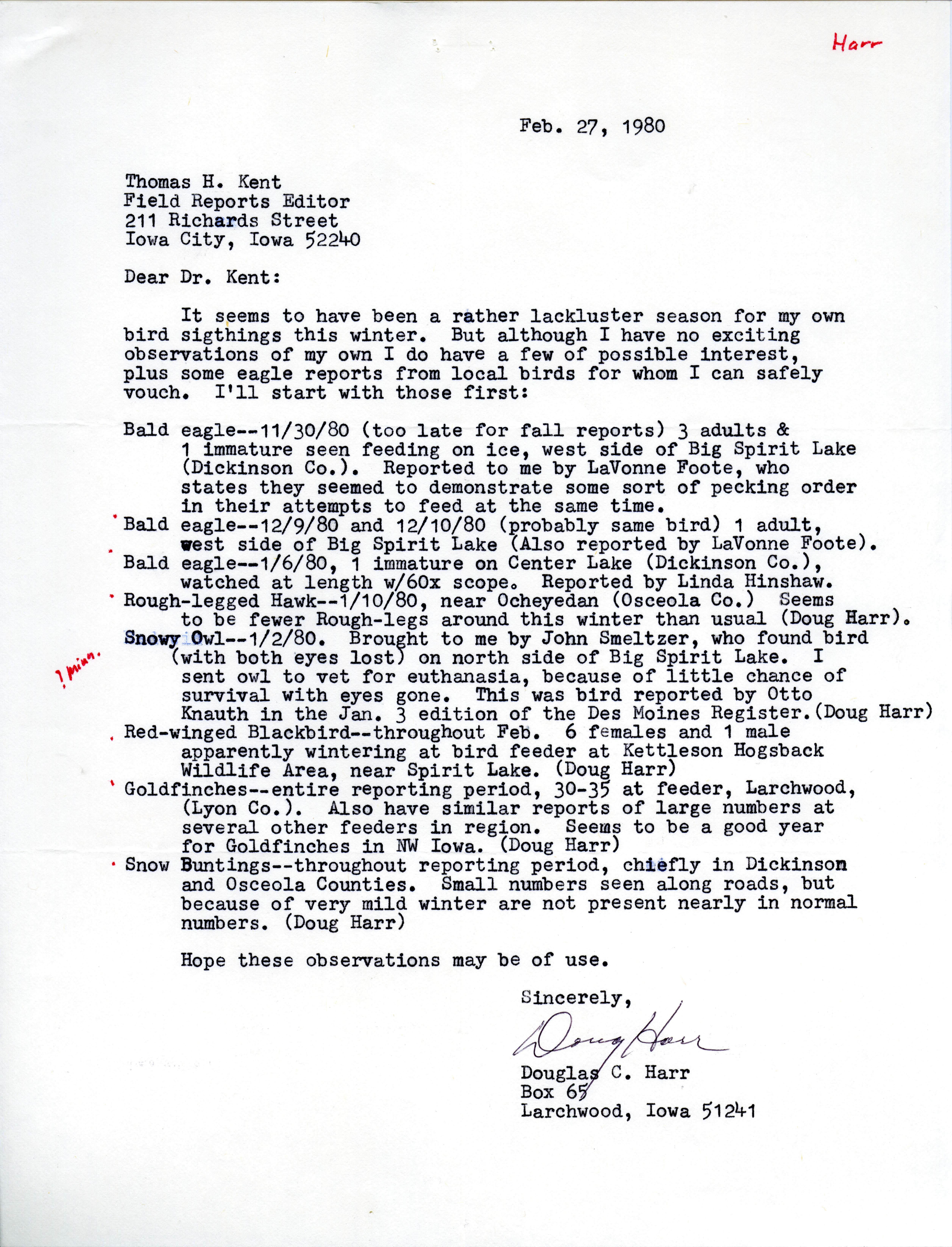 Douglas C. Harr letter to Thomas H. Kent regarding bird sightings, February 27, 1980