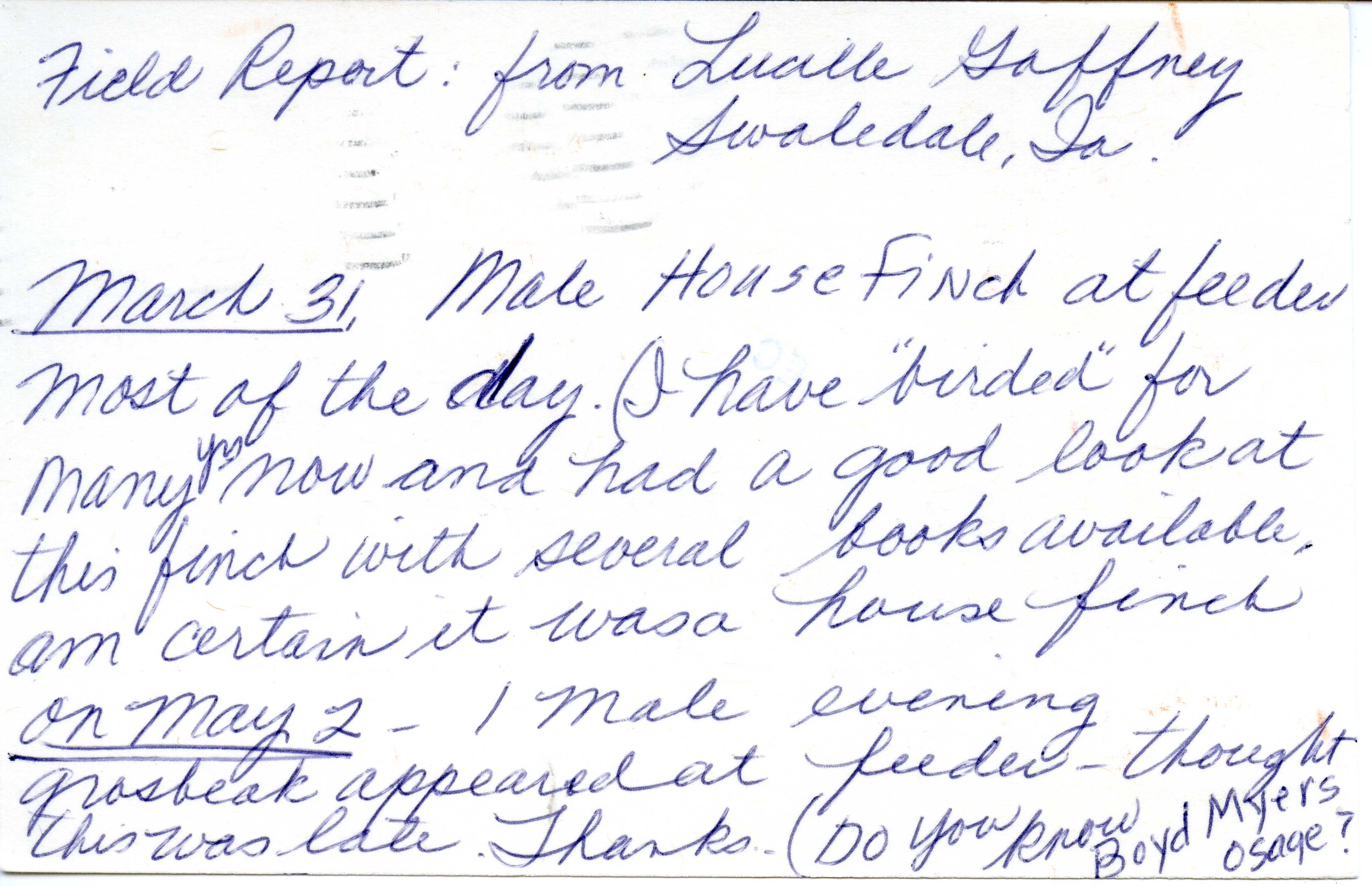 Field report from Lucille Gaffney, Spring 1986