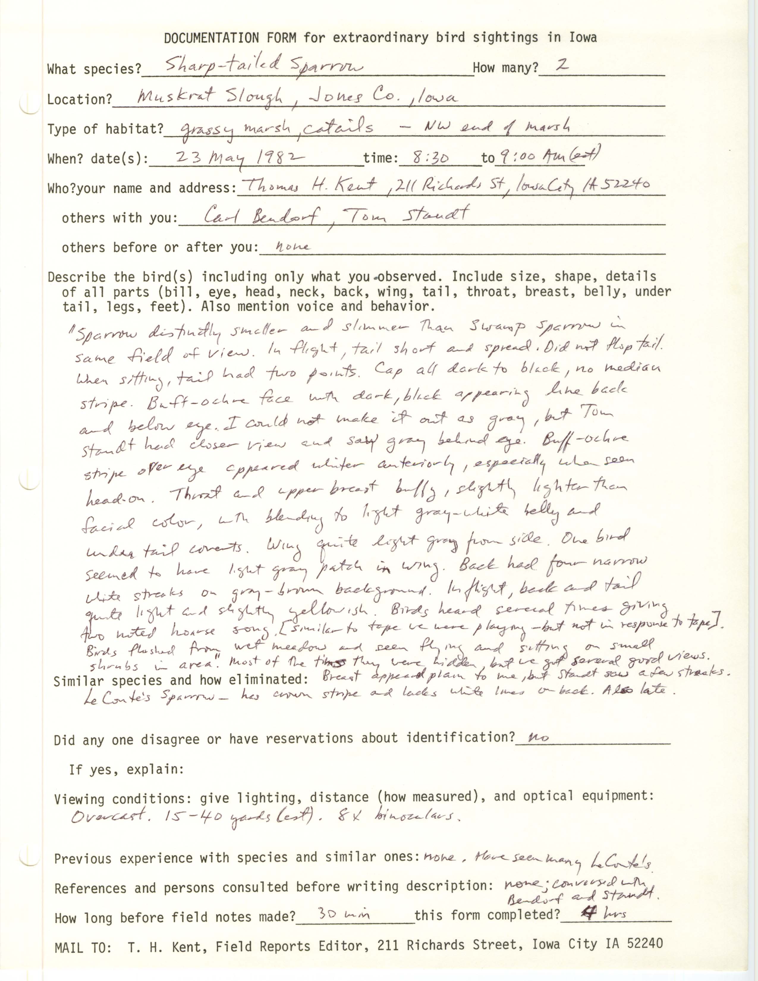 Rare bird documentation form for Sharp-tailed Sparrow at Muskrat Slough, 1982