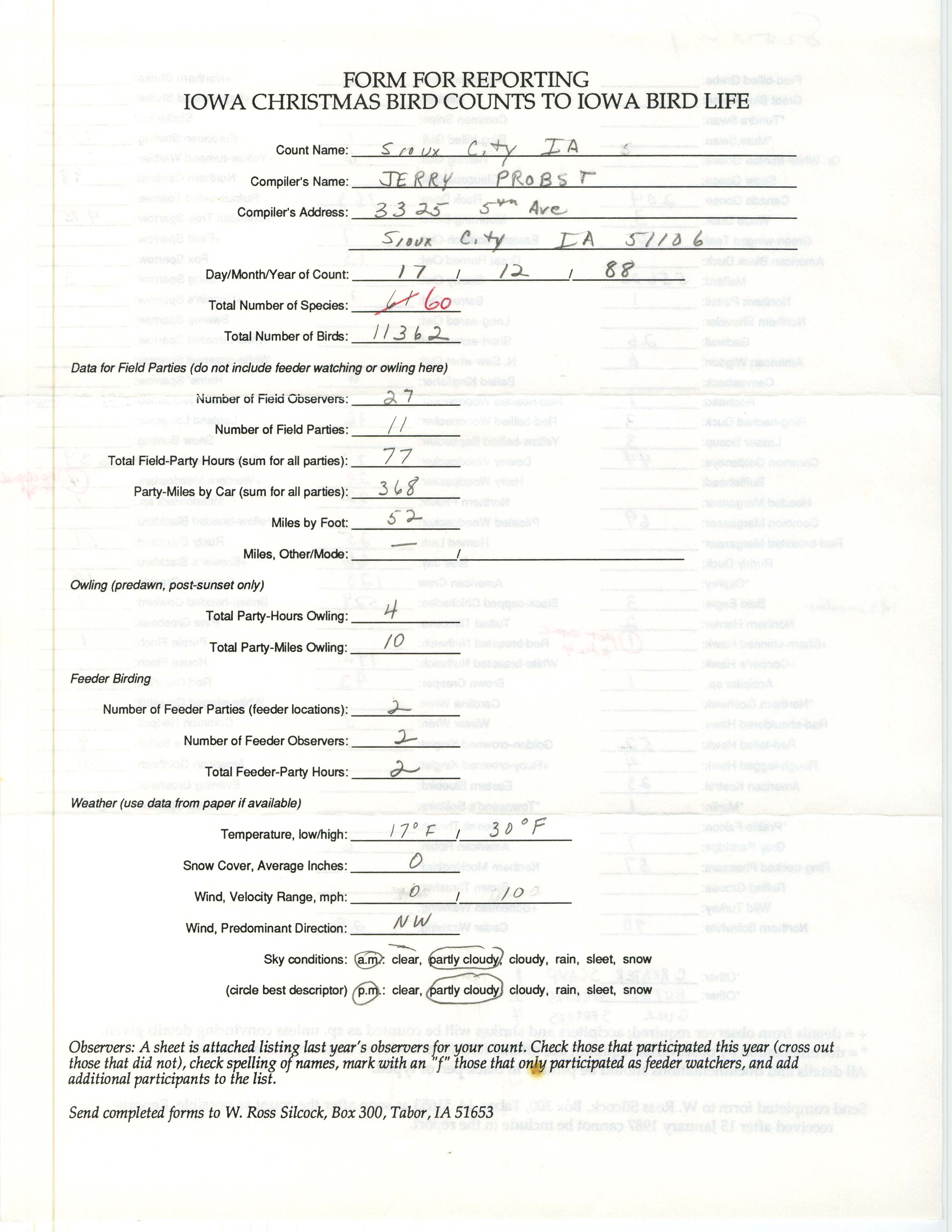 Form for reporting Iowa Christmas bird counts to Iowa Bird Life, Jerry Probst, December 17, 1988