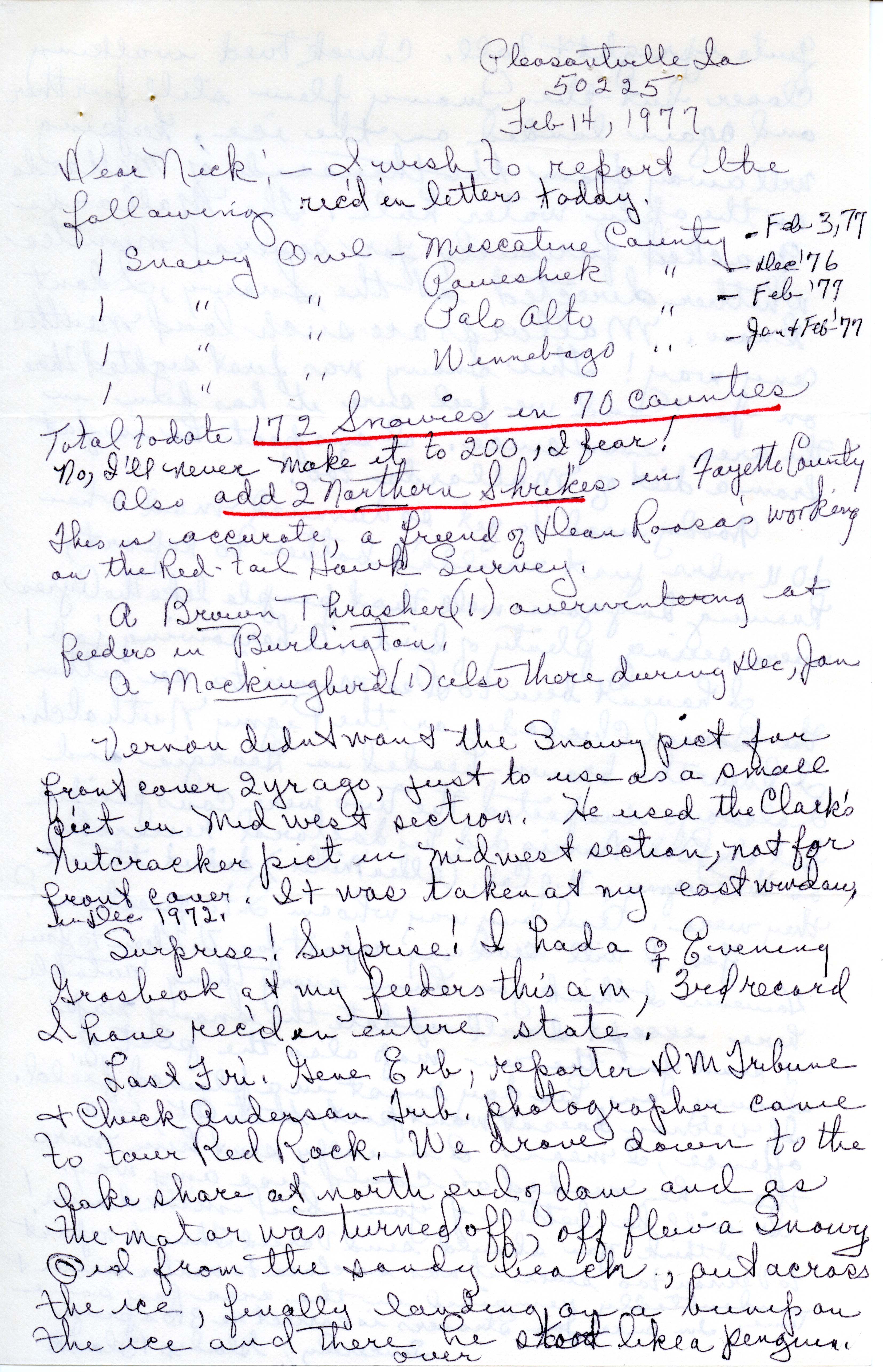 Gladys Black letter to Nicholas S. Halmi regarding sightings,  February 14, 1977