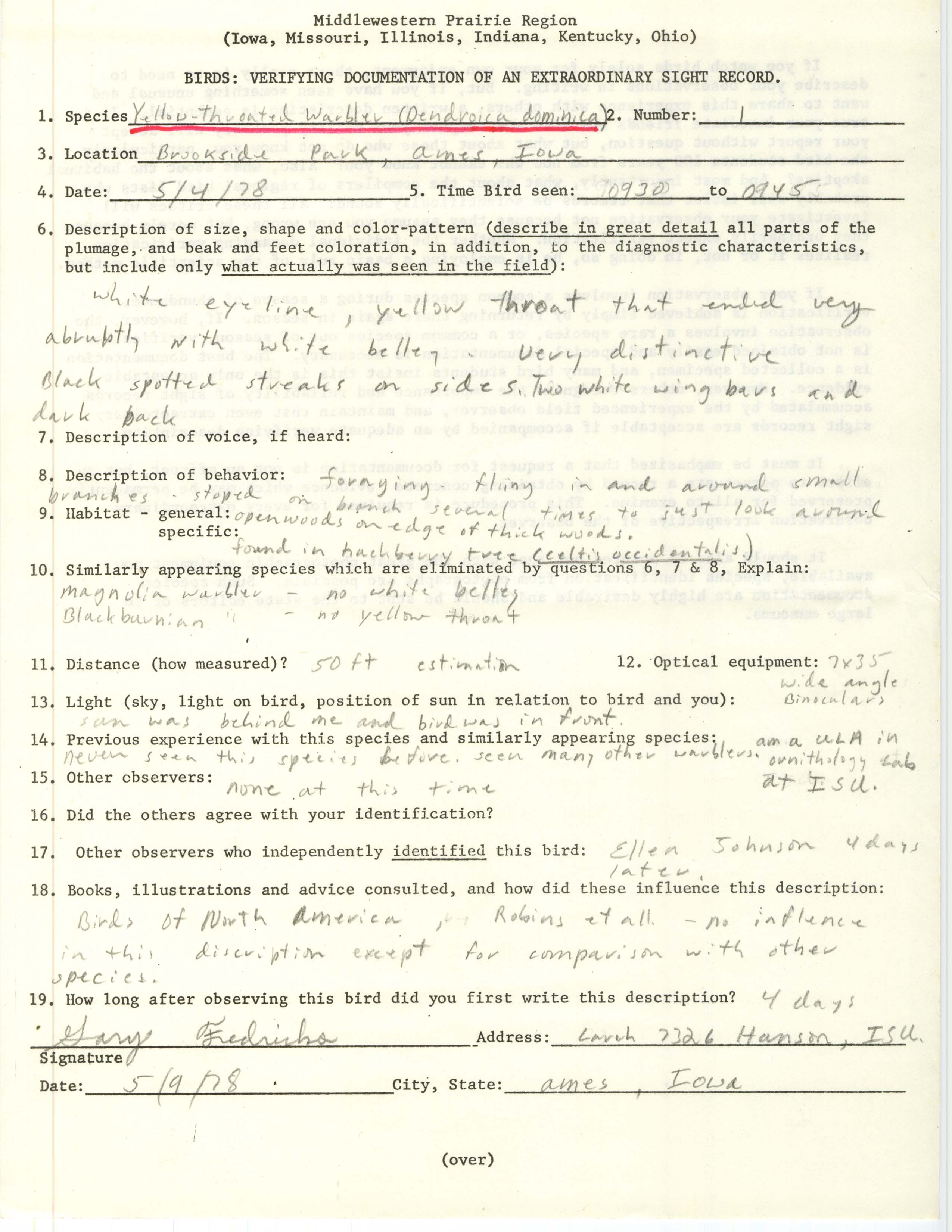 Rare bird documentation form for Yellow-throated Warbler at Brookside Park in Ames, 1978