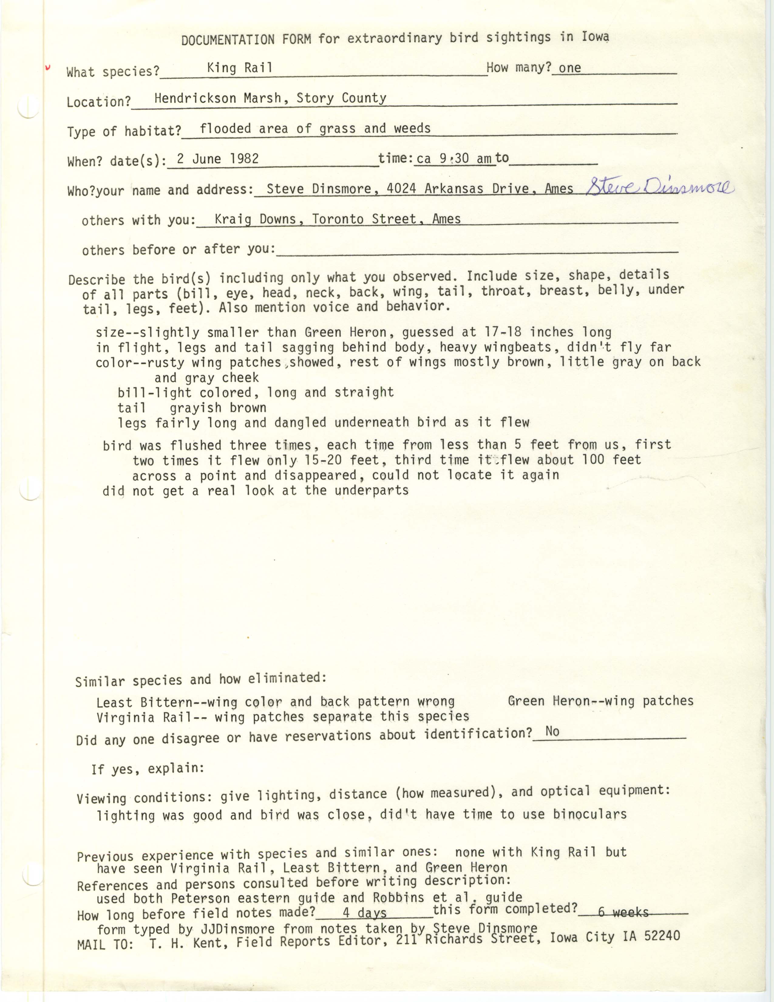 Rare bird documentation form for King Rail at Hendrickson Marsh, 1982