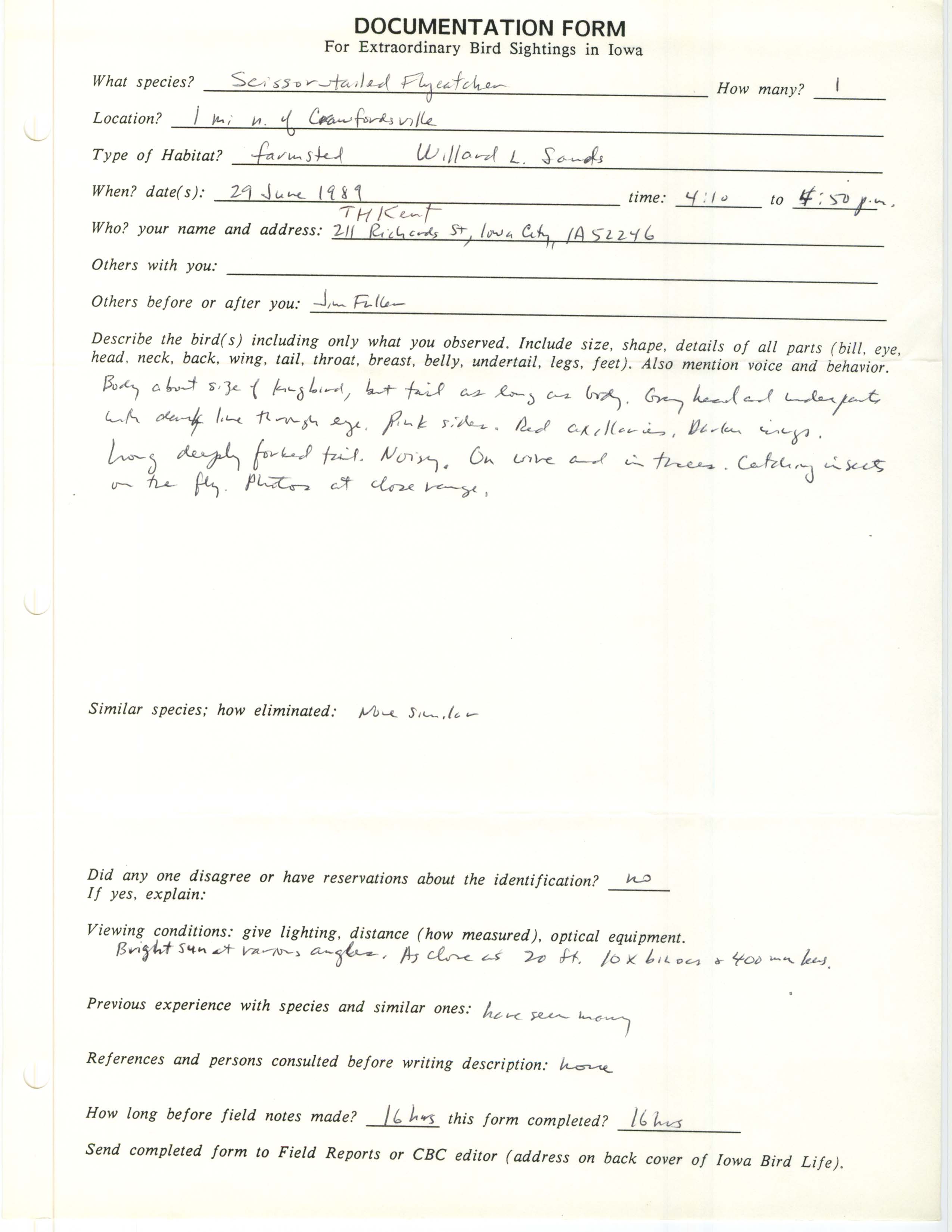 Rare bird documentation form for Scissor-tailed Flycatcher north of Crawfordsville in 1989