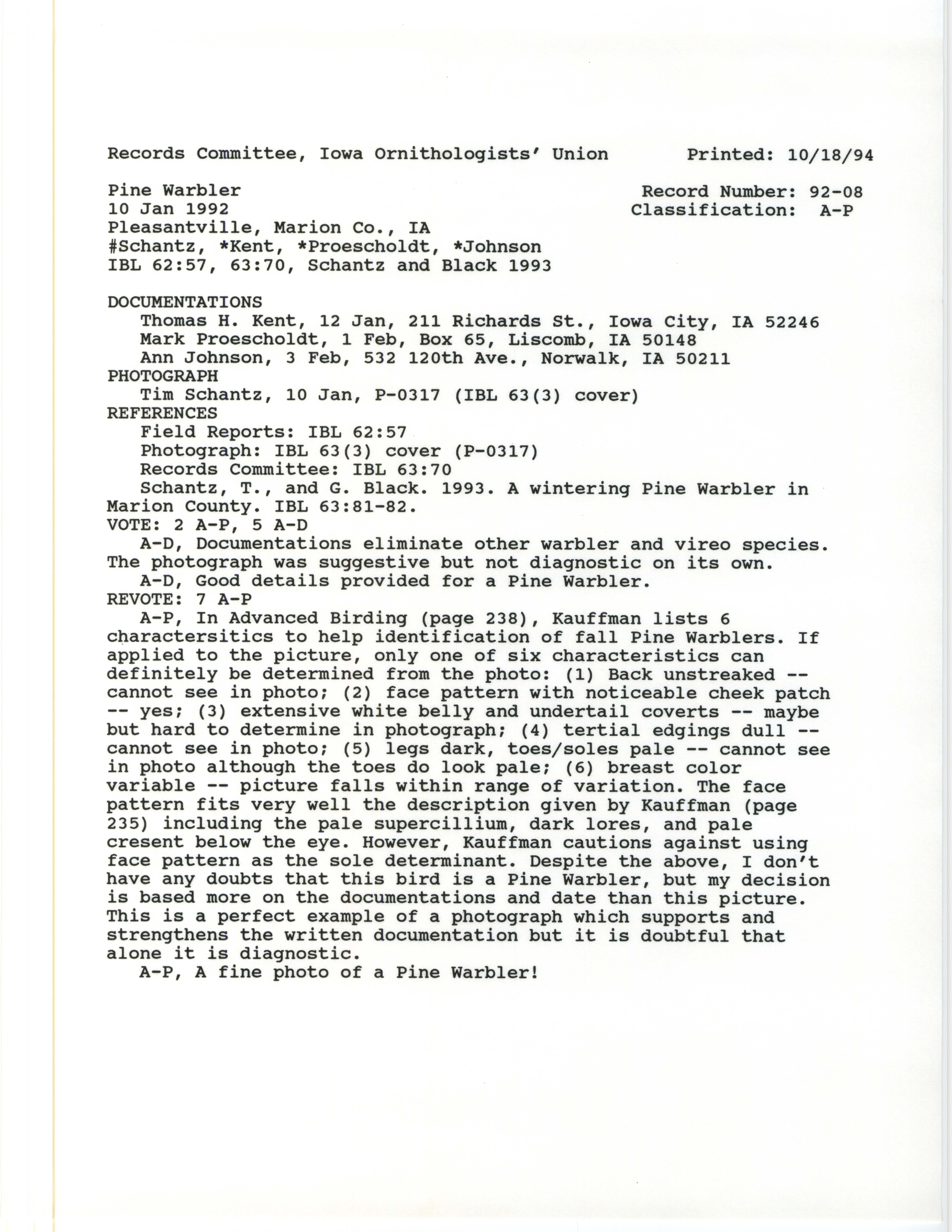 Records Committee review for rare bird sighting for Pine Warbler at Pleasantville, 1992