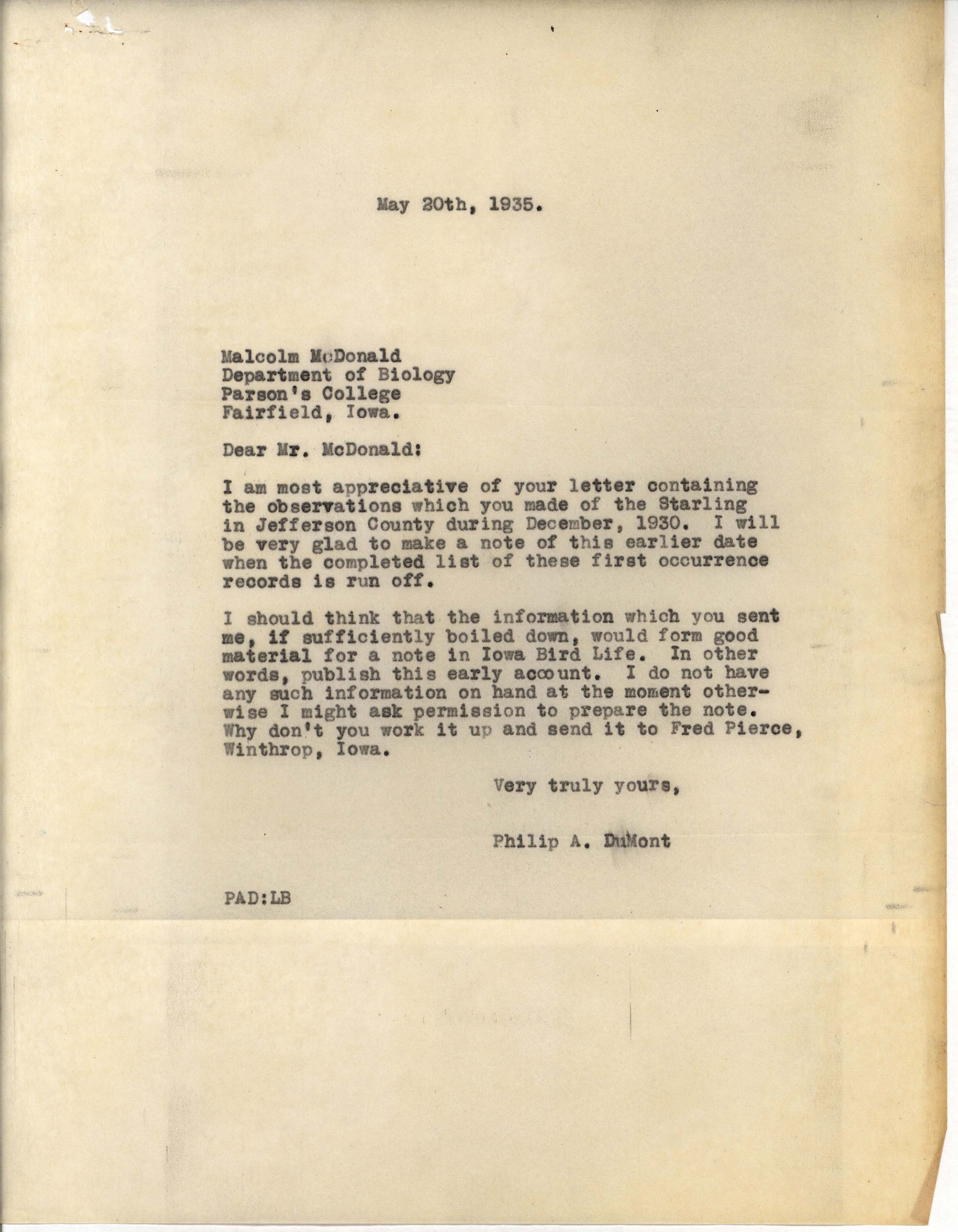 Philip DuMont letter to Malcolm McDonald regarding Starling account, May 20, 1935