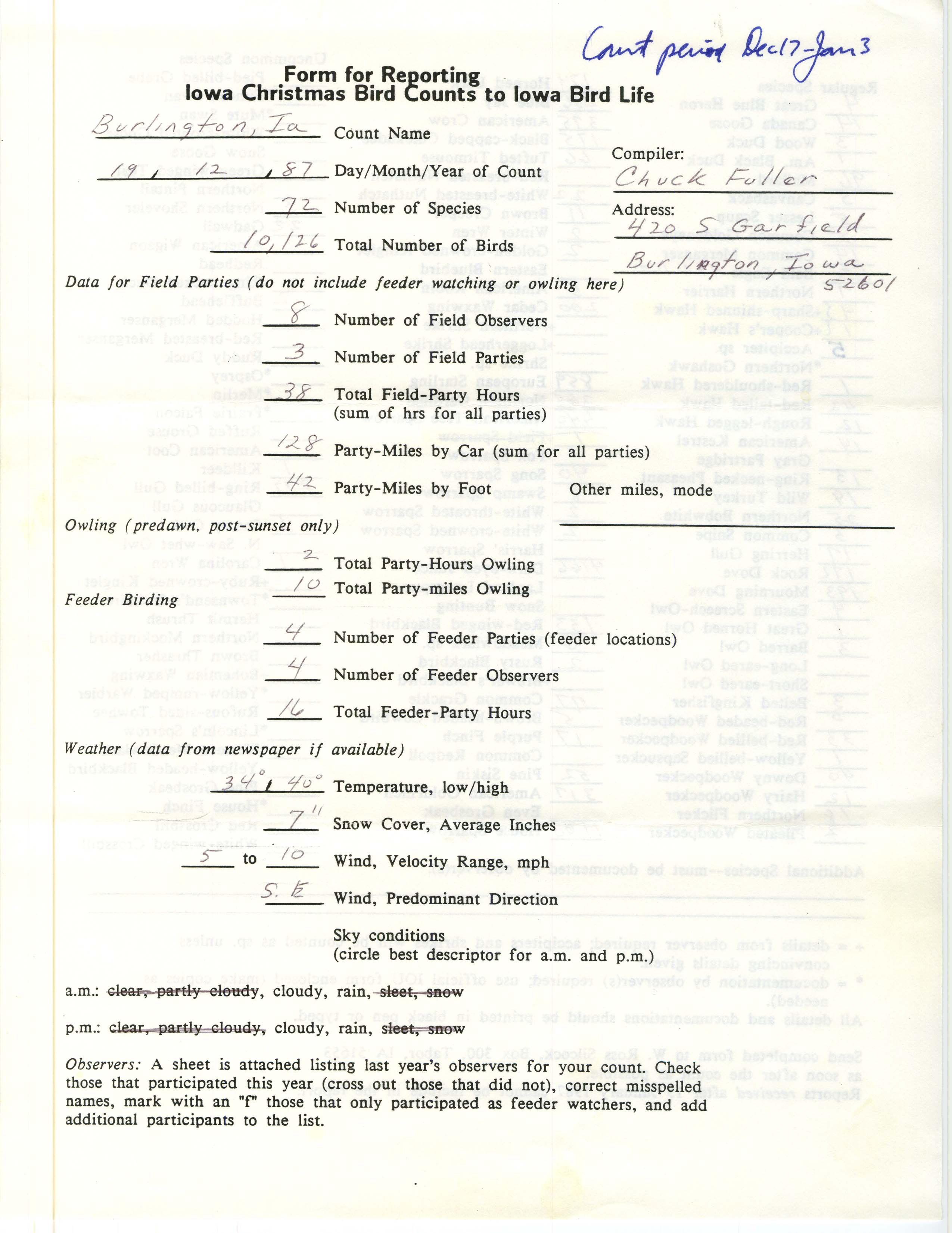 Form for reporting Iowa Christmas bird counts to Iowa Bird Life, Charles Fuller, December 19, 1987
