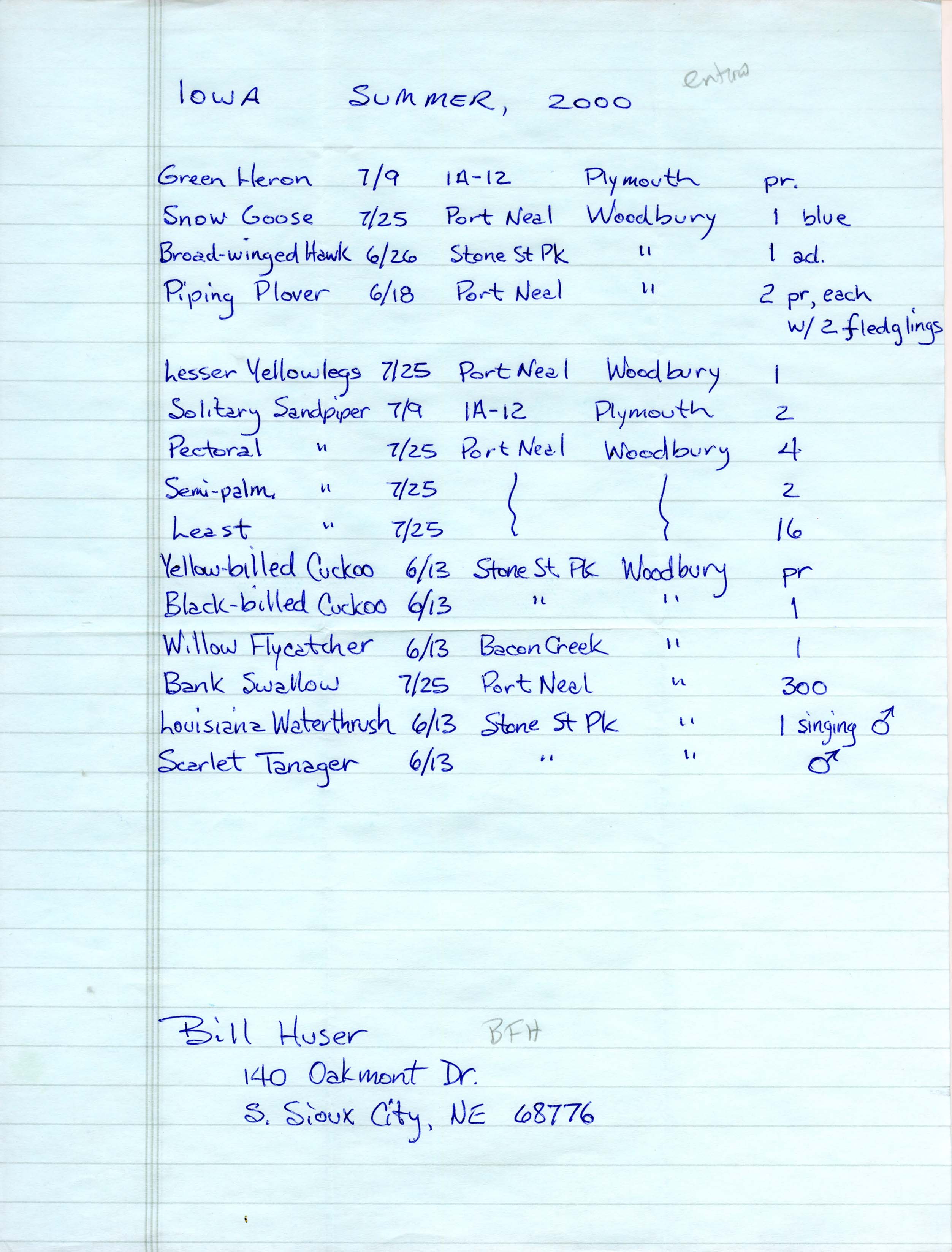 Field notes contributed by Bill F. Huser, summer 2000