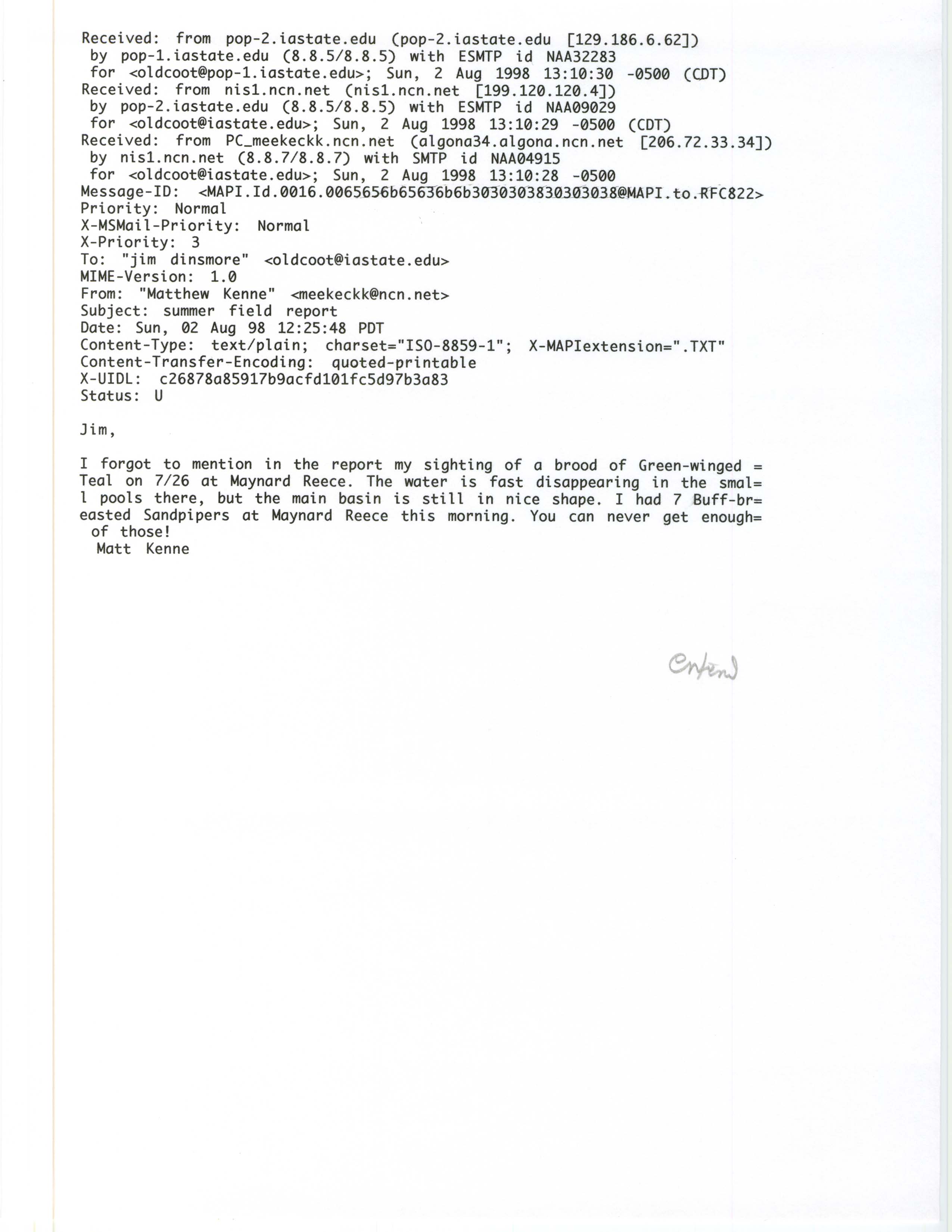 Matthew Kenne email to Jim Dinsmore regarding summer field report, August 2, 1998
