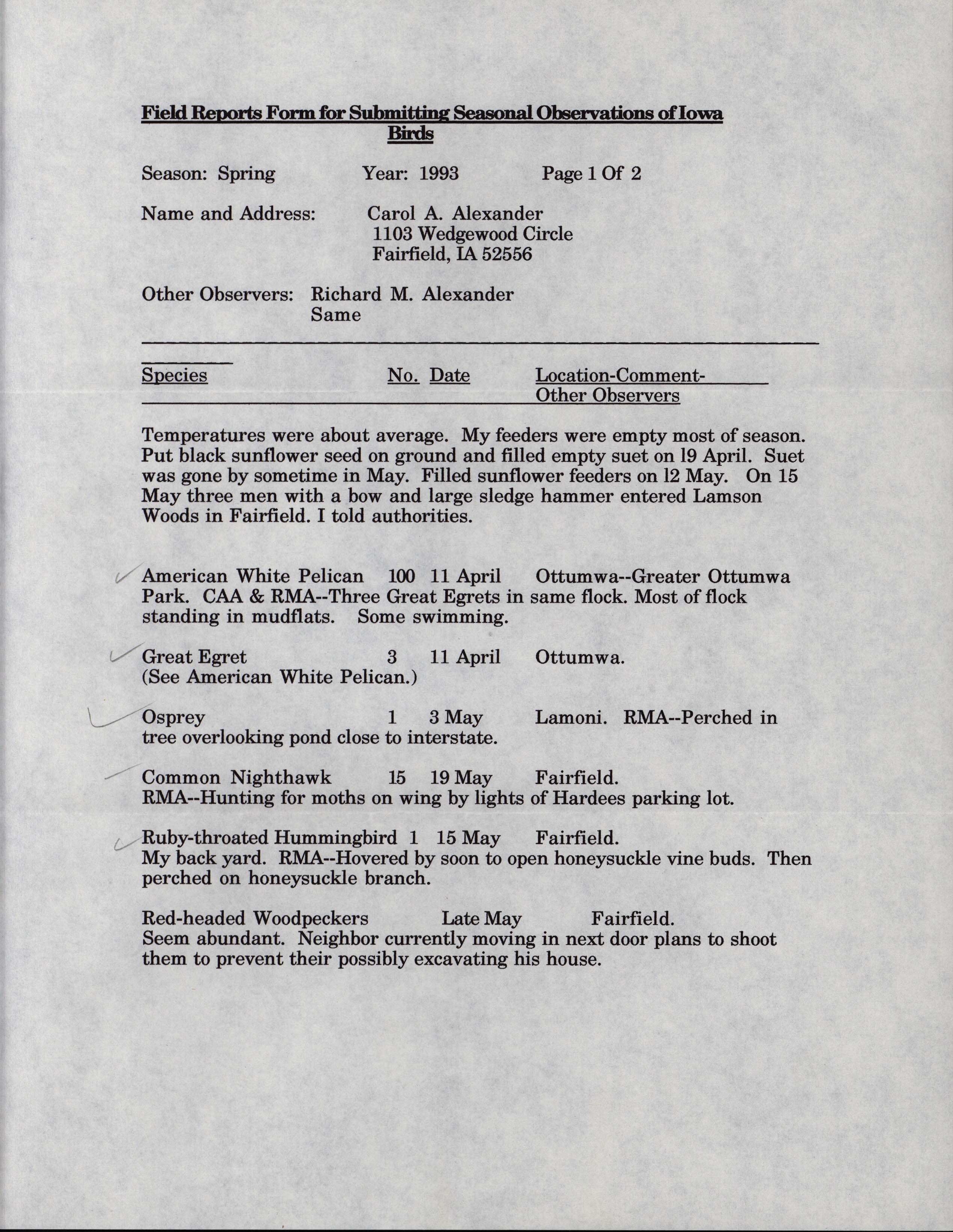 Field reports form for submitting seasonal observations of Iowa birds, Carol Alexander, Spring 1993