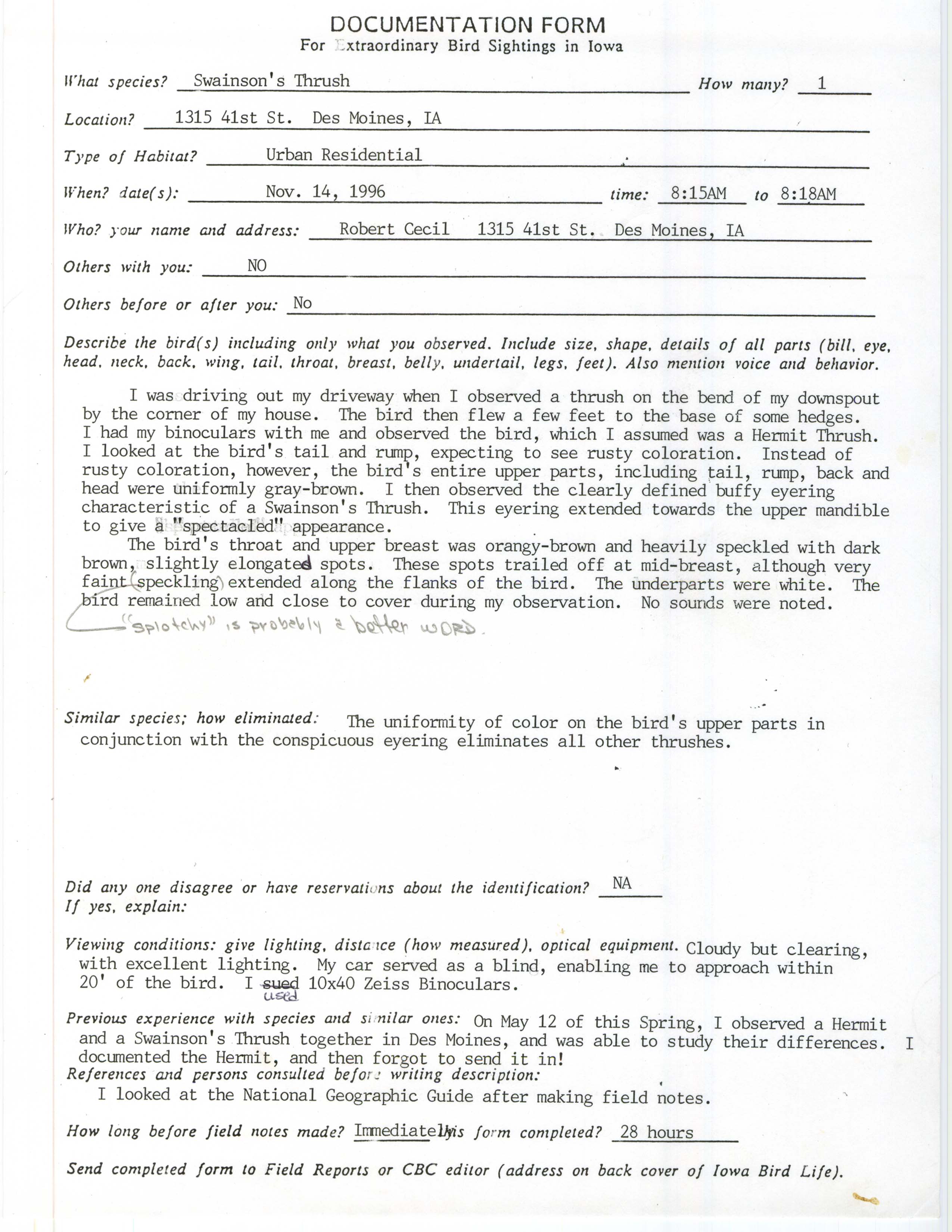 Rare bird documentation form for Swainson's Thrush at Des Moines, 1996