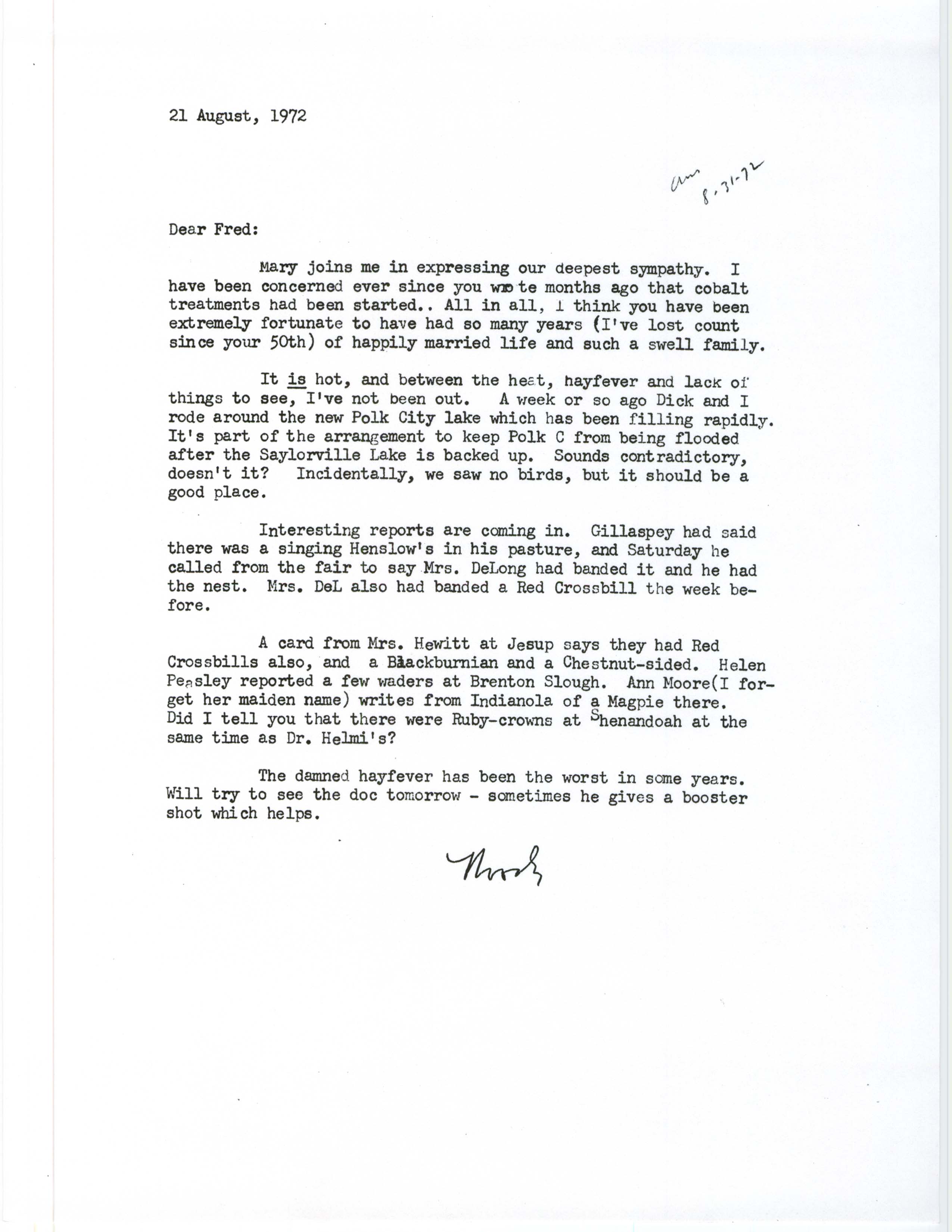 Woodward H. Brown letter to Fred Kent regarding bird sightings for the summer of 1972, August 21, 1972