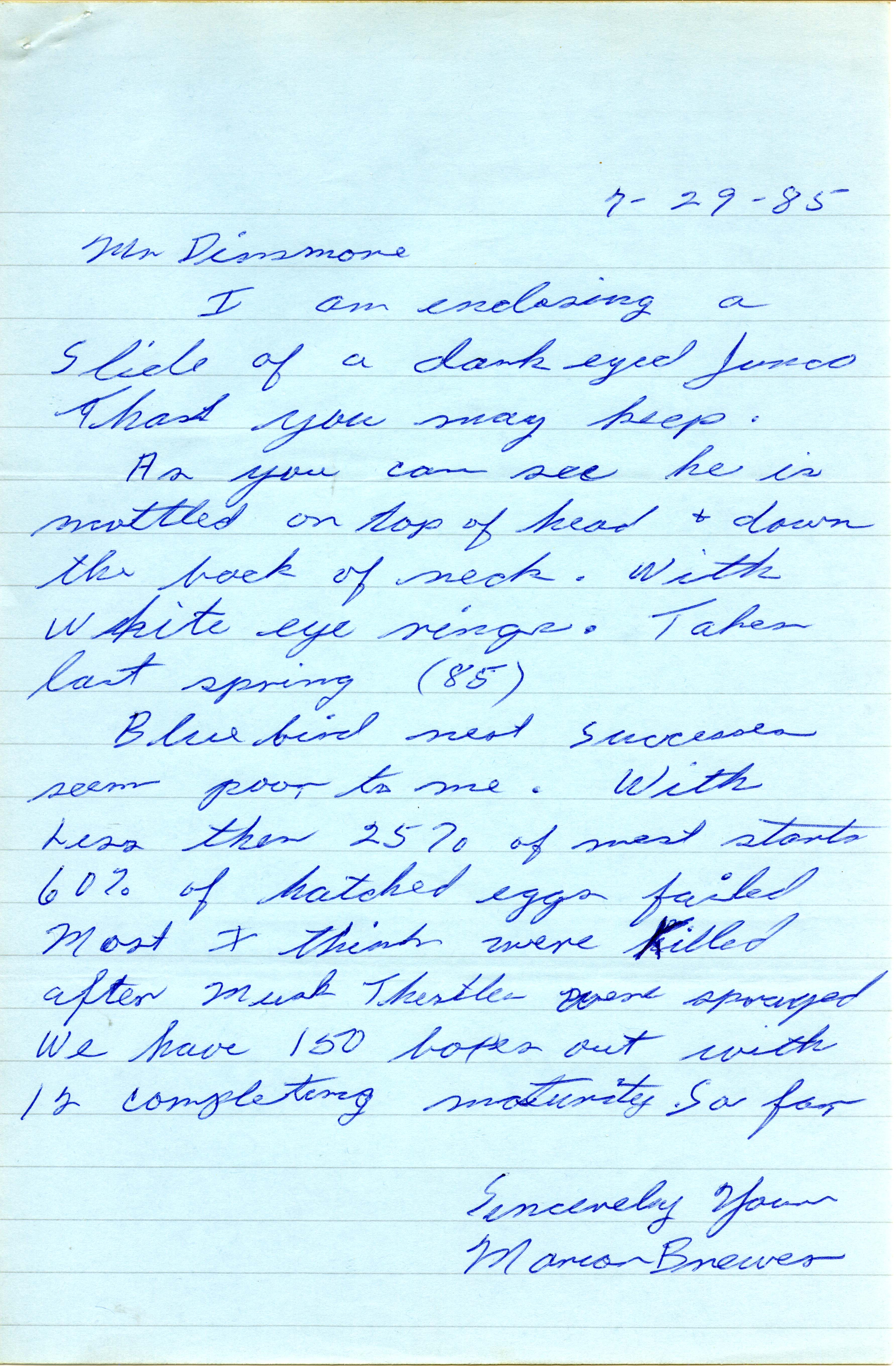 Marian M. Brewer letter to Mr. Dinsmore regarding field notes, July 29, 1985