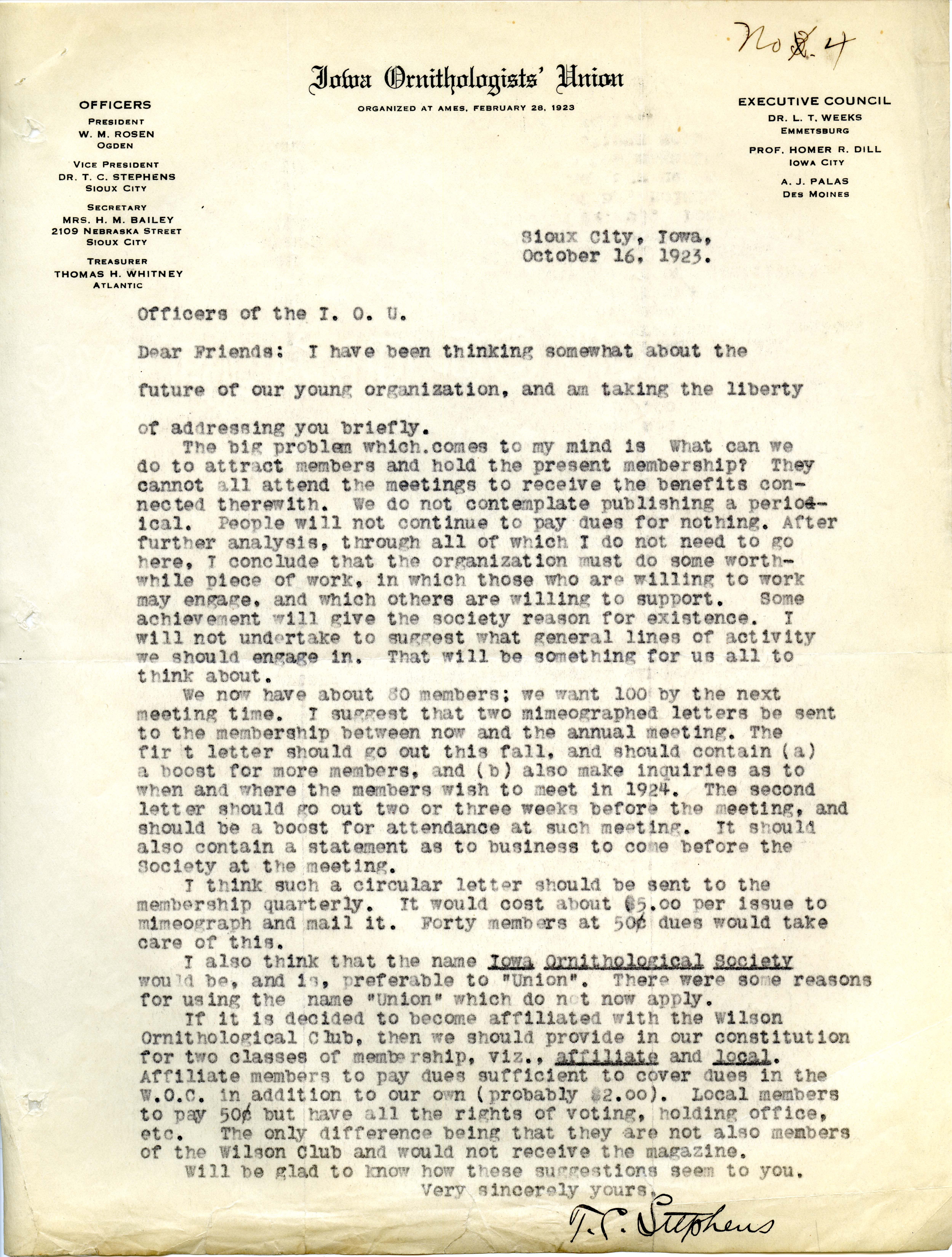 Thomas Calderwood Stephens letter to officers of the Iowa Ornithologists' Union regarding the future of the organization, October 16, 1923