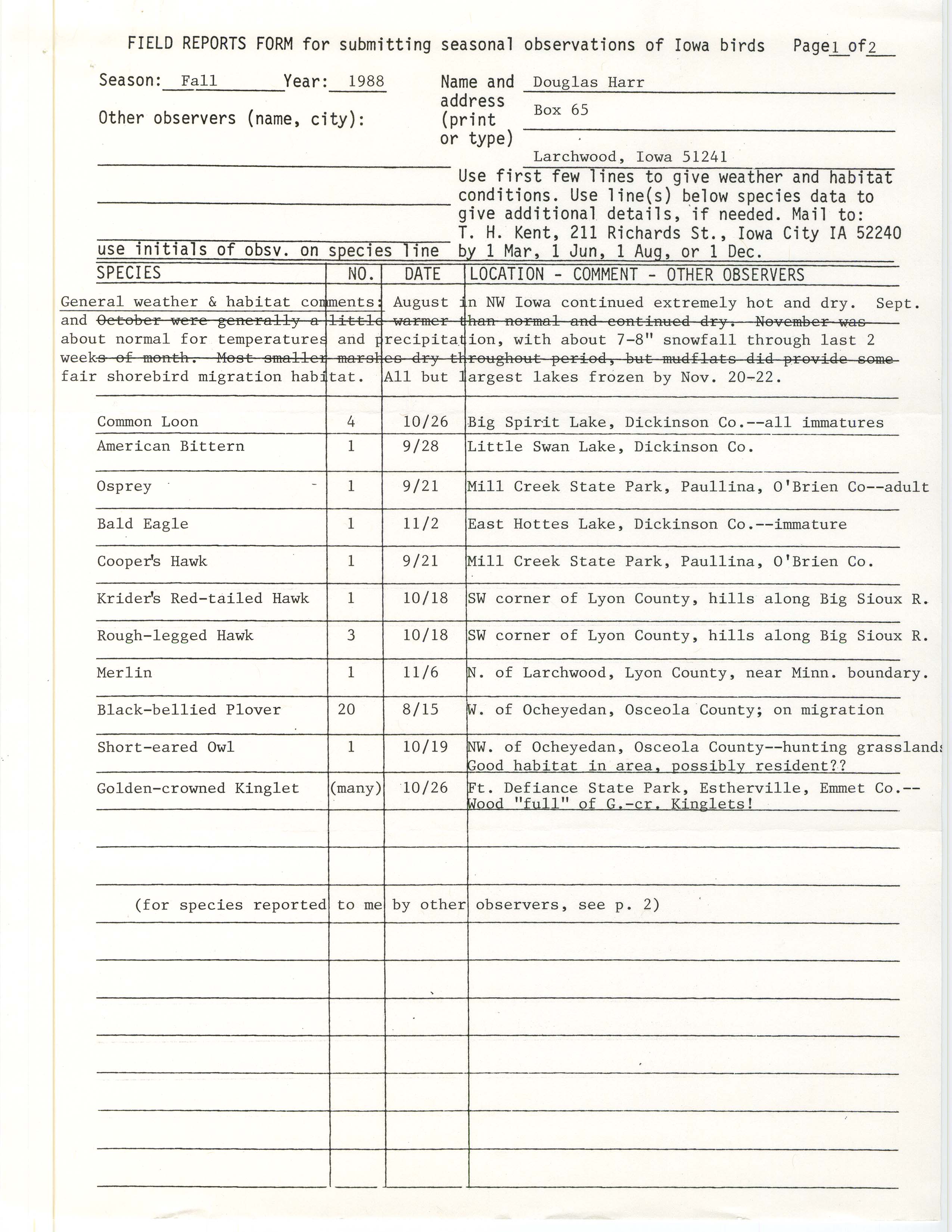 Field reports form for submitting seasonal observations of Iowa birds, Douglas C. Harr, fall 1988
