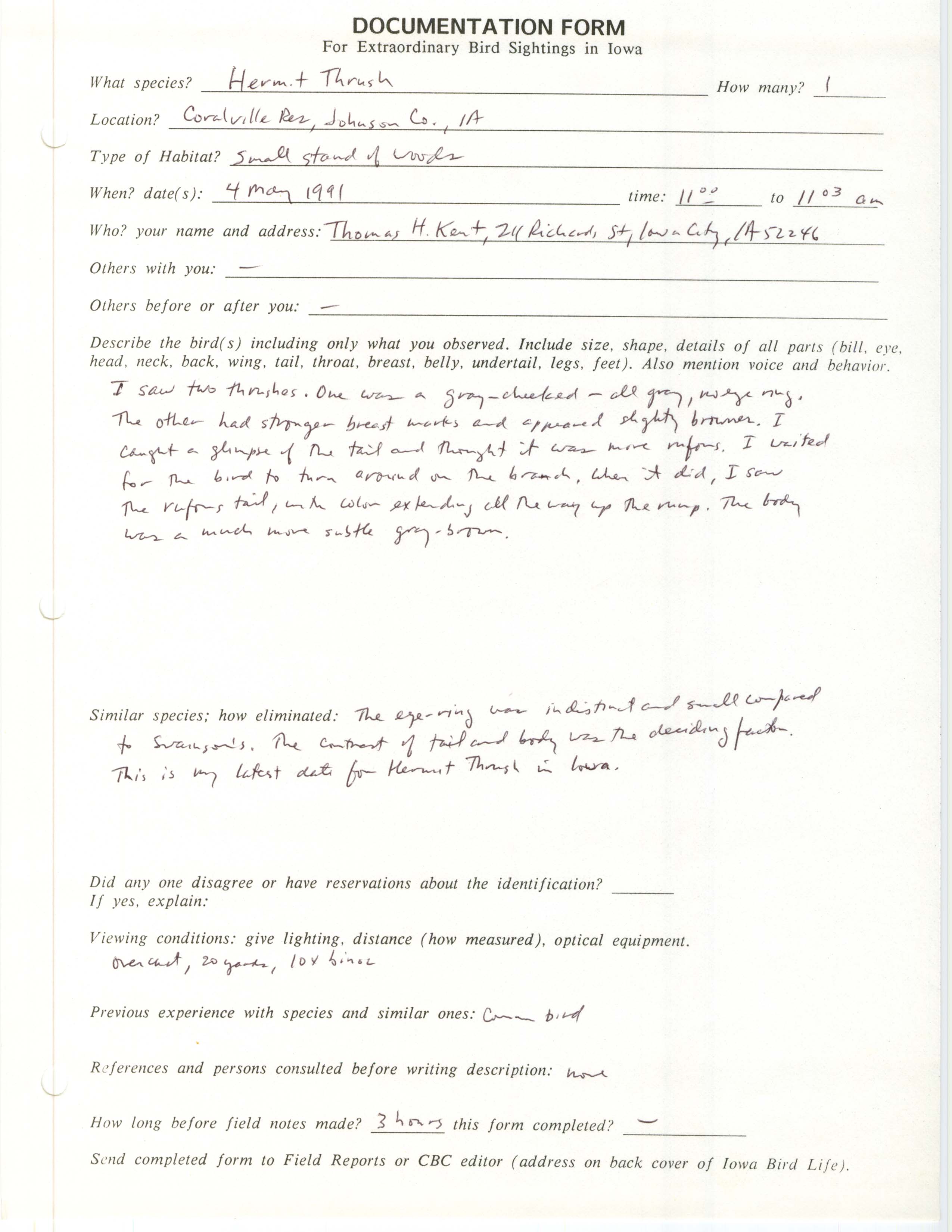 Rare bird documentation form for Hermit Thrush at Coralville Reservoir, 1991