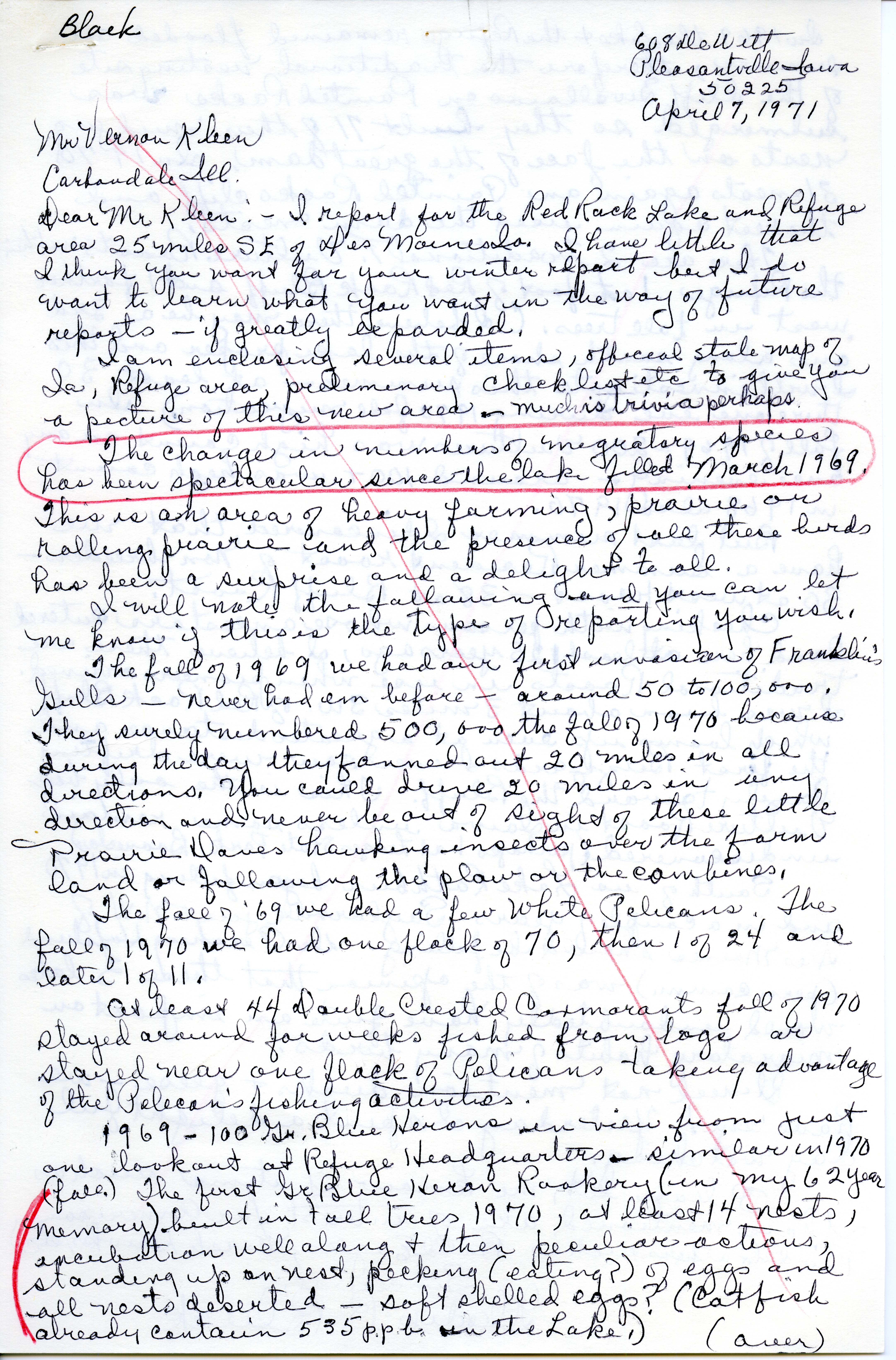 Gladys Black letter to Vernon M. Kleen regarding changes in habitat and birds sighted at Red Rock Refuge during 1968-1970, April 7, 1971