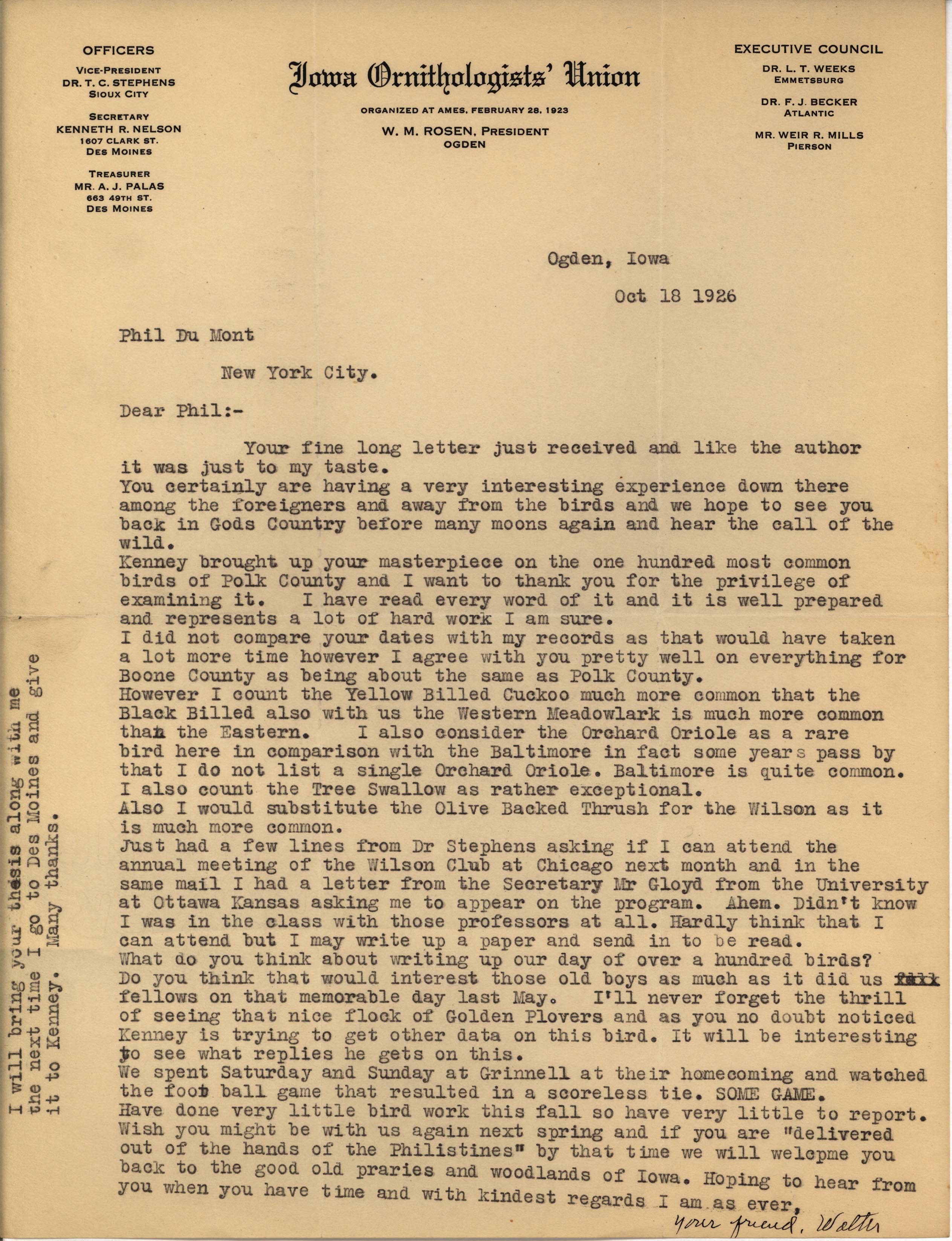 Walter Rosene letter to Philip DuMont regarding common birds of Polk and Boone counties, October 18, 1926