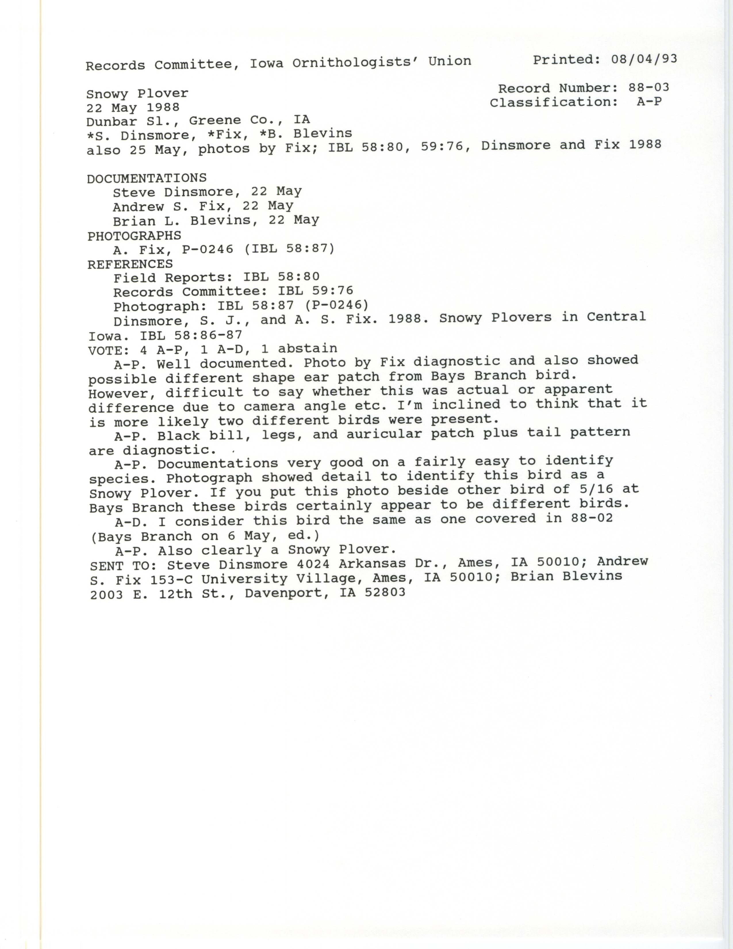 Records Committee review for rare bird sighting of Snowy Plover at Dunbar Slough, 1988