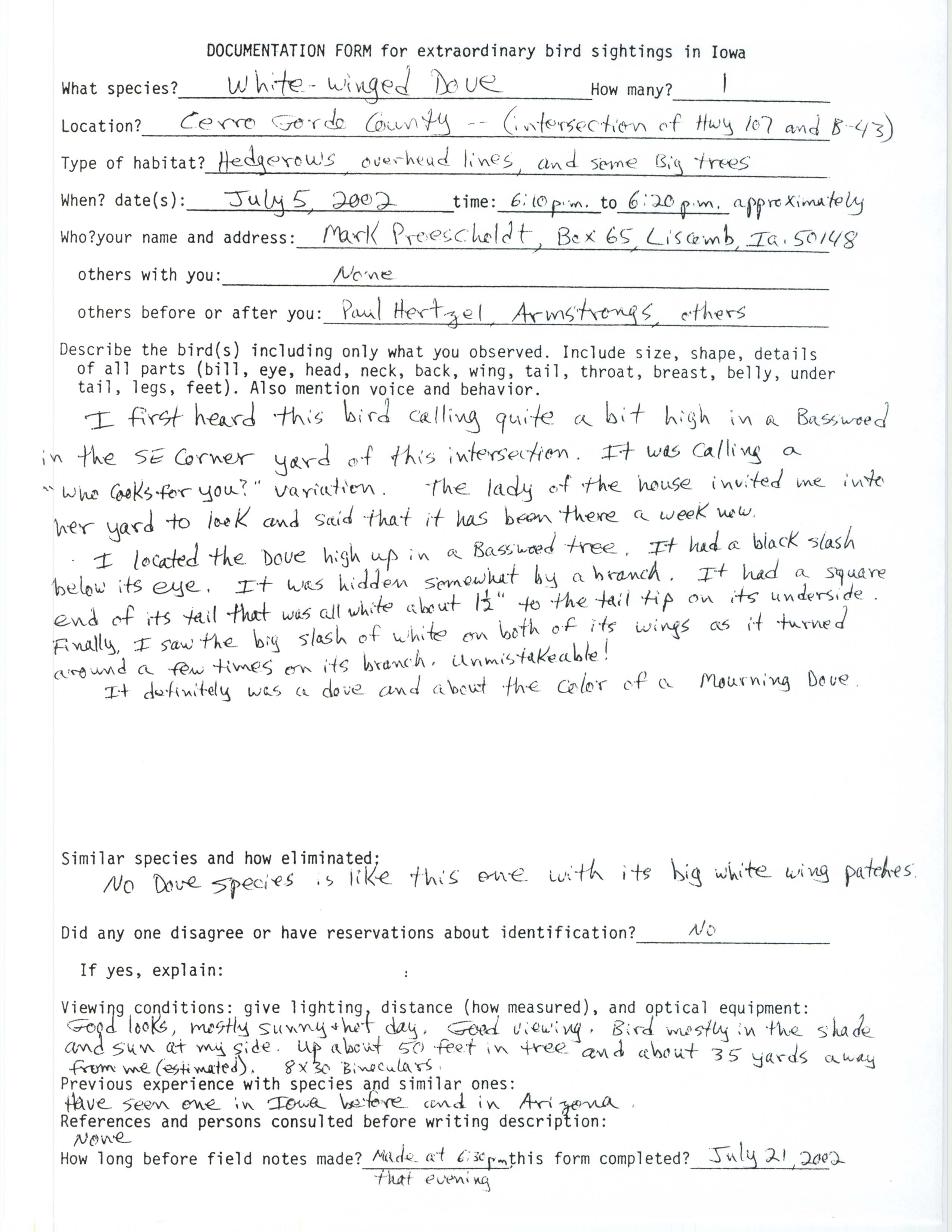 Documentation form for extraordinary bird sightings in Iowa, White-winged Dove, Mark Proescholdt, July 5, 2002