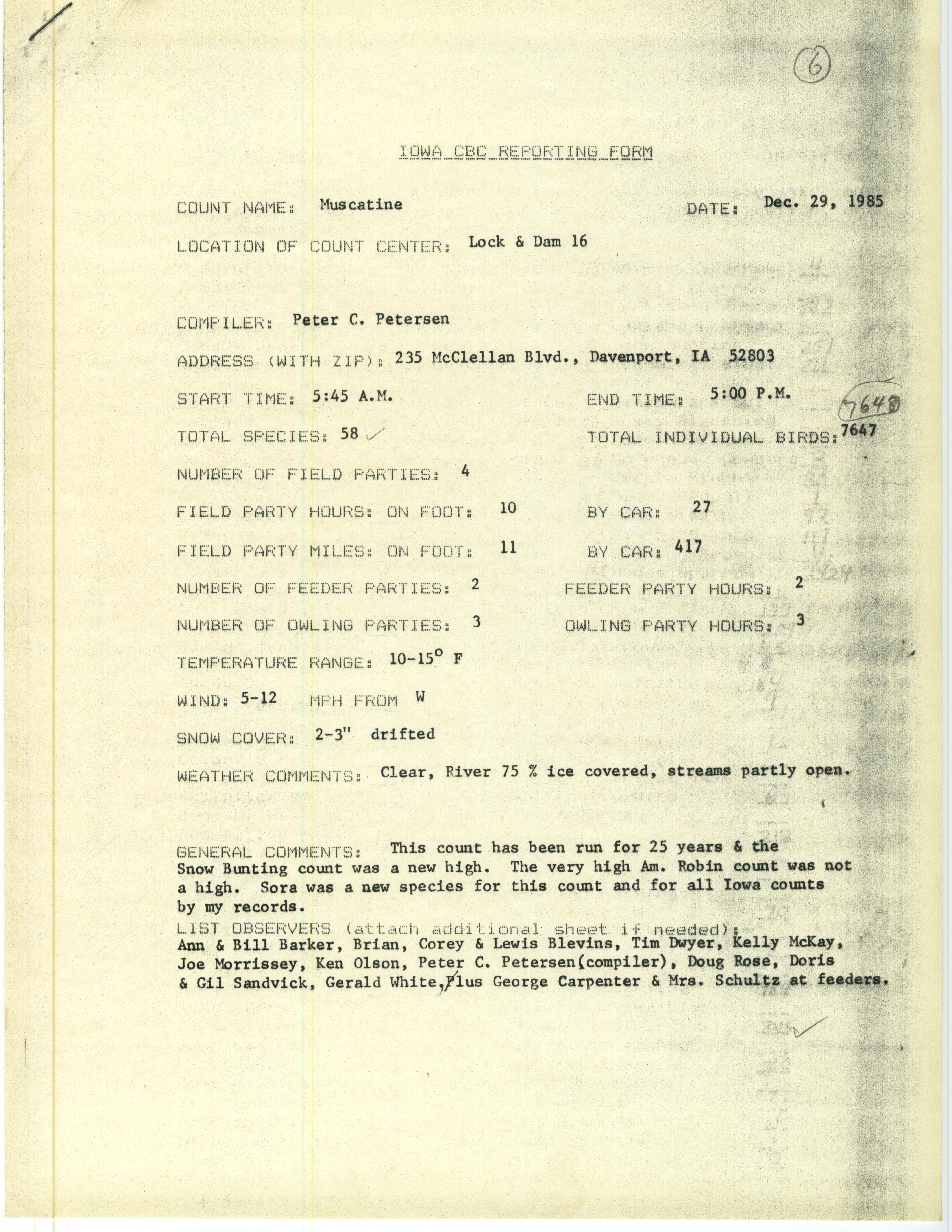 Iowa CBC reporting form, Muscatine, December 29, 1985