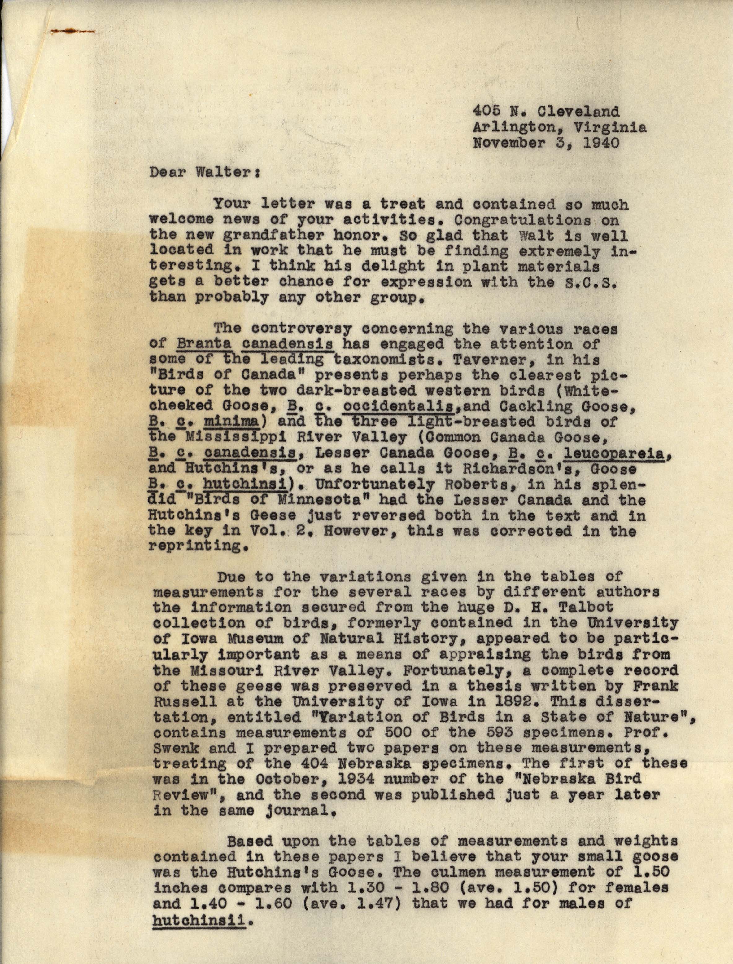 Philip DuMont letter to Walter Rosene regarding Goose measurements, November 3, 1940