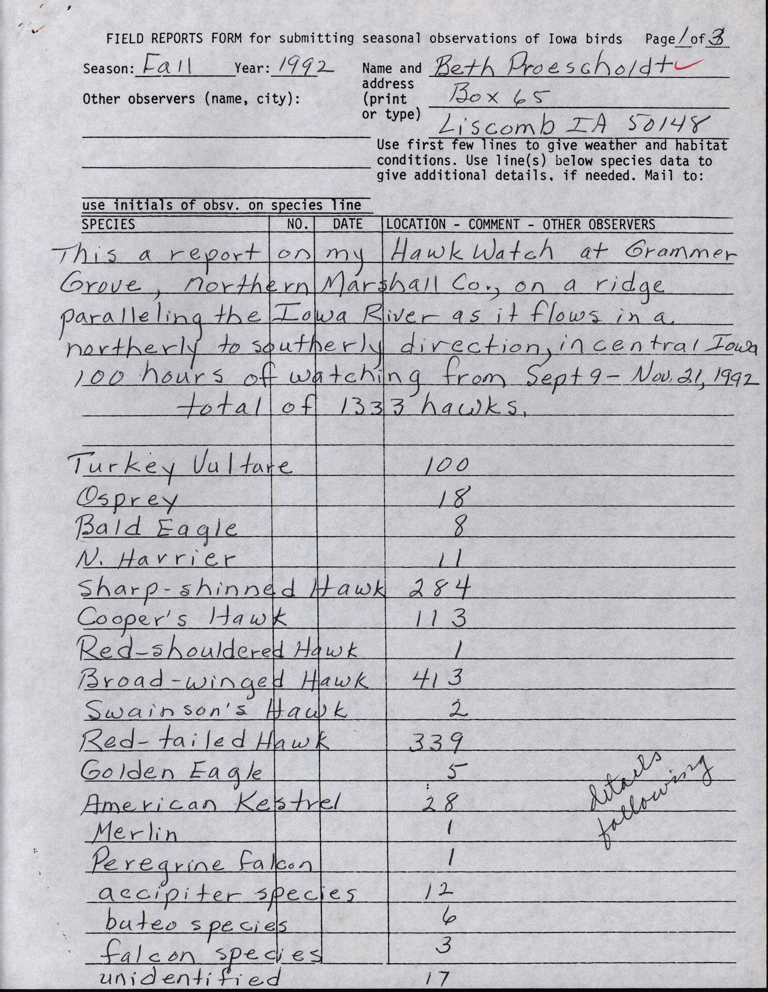 Field reports form for submitting seasonal observations of Iowa birds, Beth Proescholdt, fall 1992