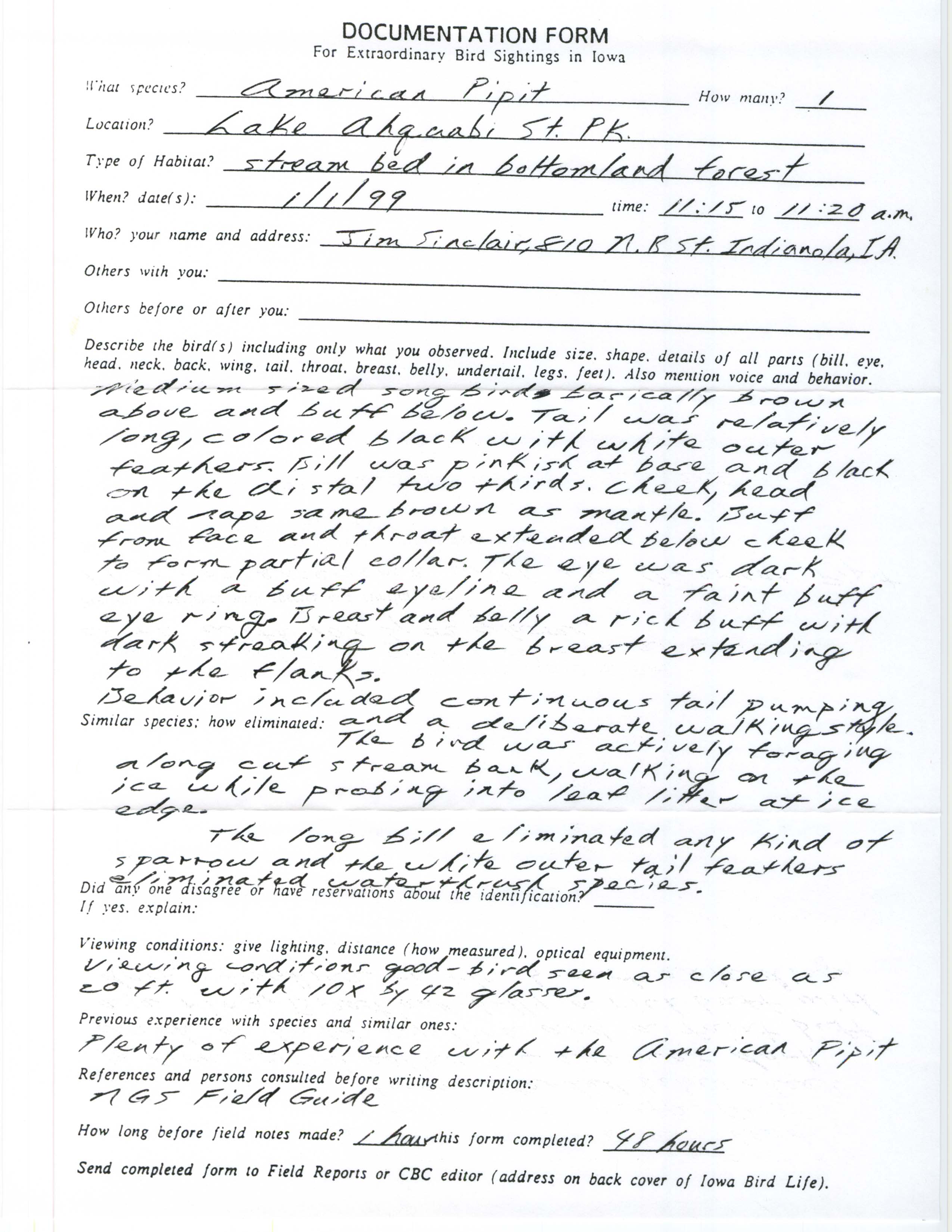 Rare bird documentation form for American Pipit at Lake Ahquabi State Park, 1999