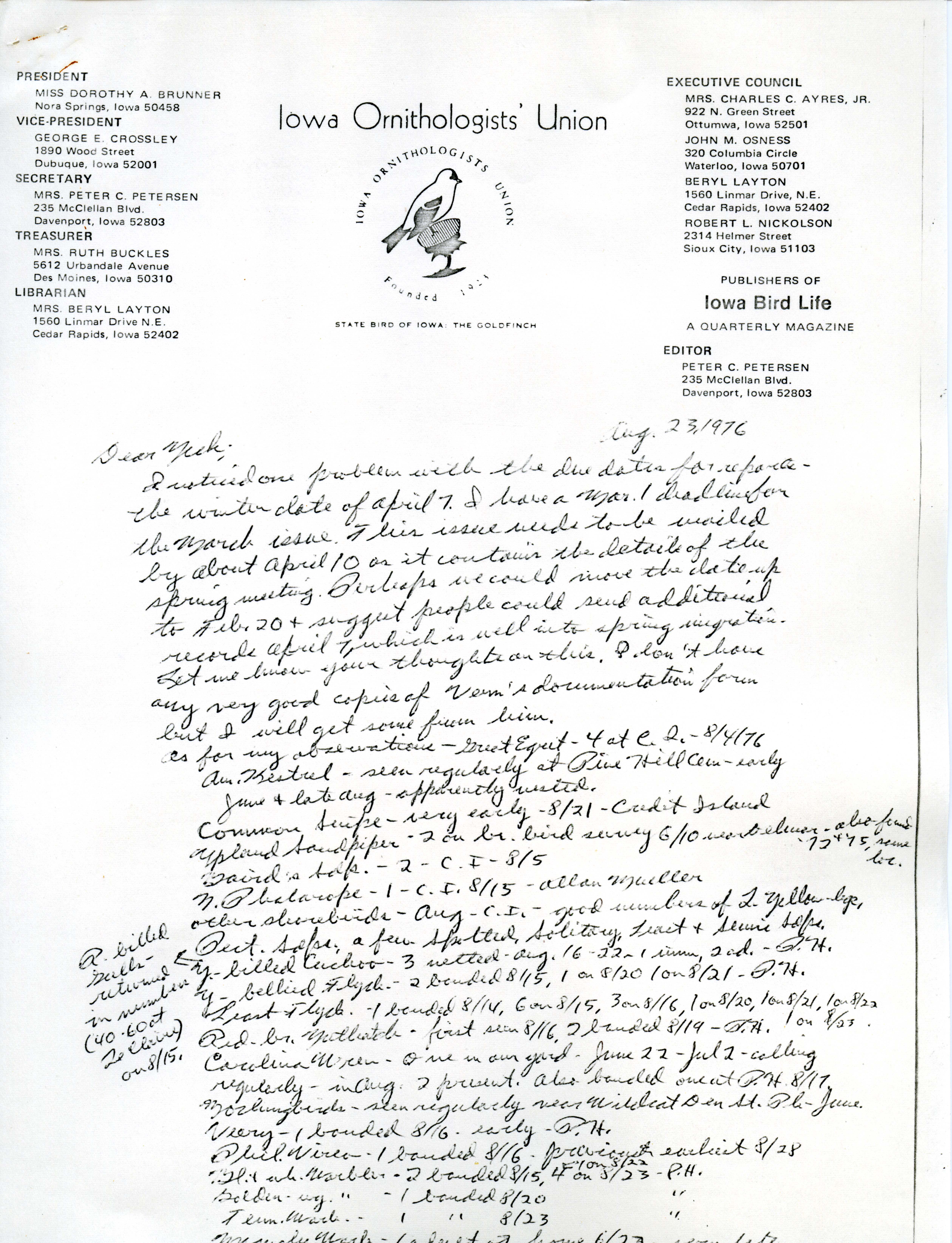 Letter from Peter Petersen to Nicholas Halmi regarding bird sightings, August 23, 1976