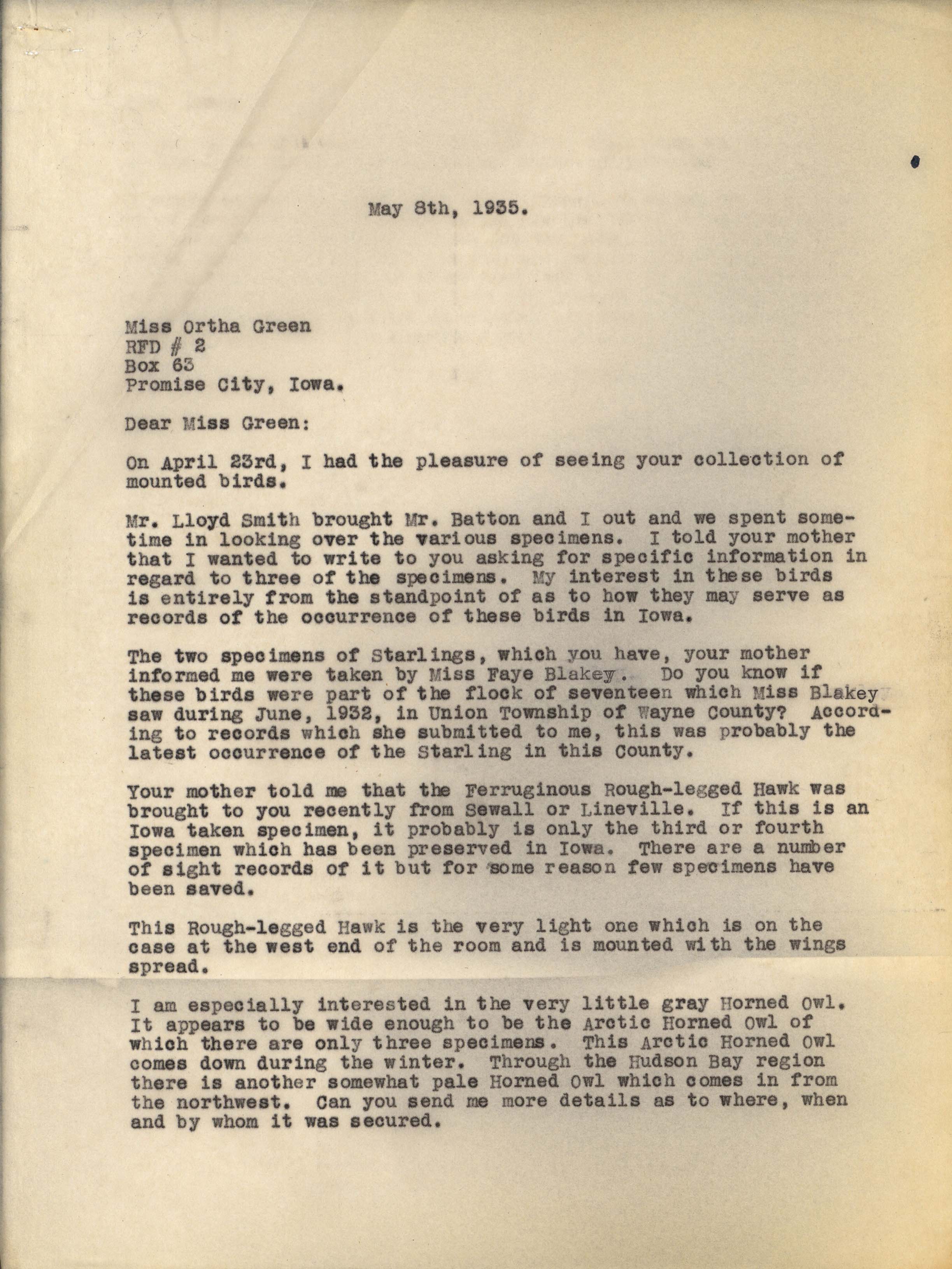 Philip DuMont letter to Ortha Green regarding bird specimens, May 8, 1935