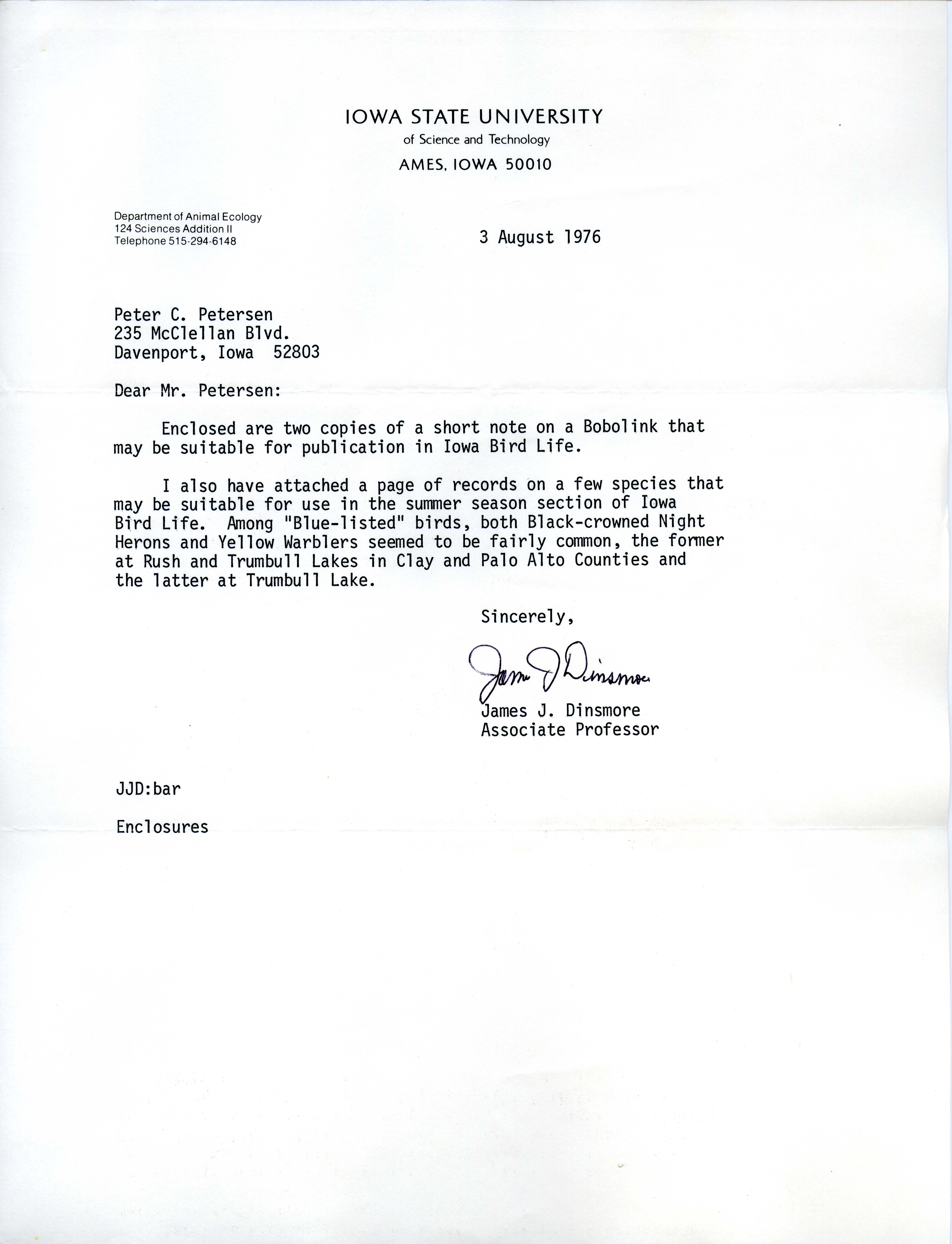 Letter from James J. Dinsmore to Peter C. Petersen  regarding bird sightings, August 3, 1976