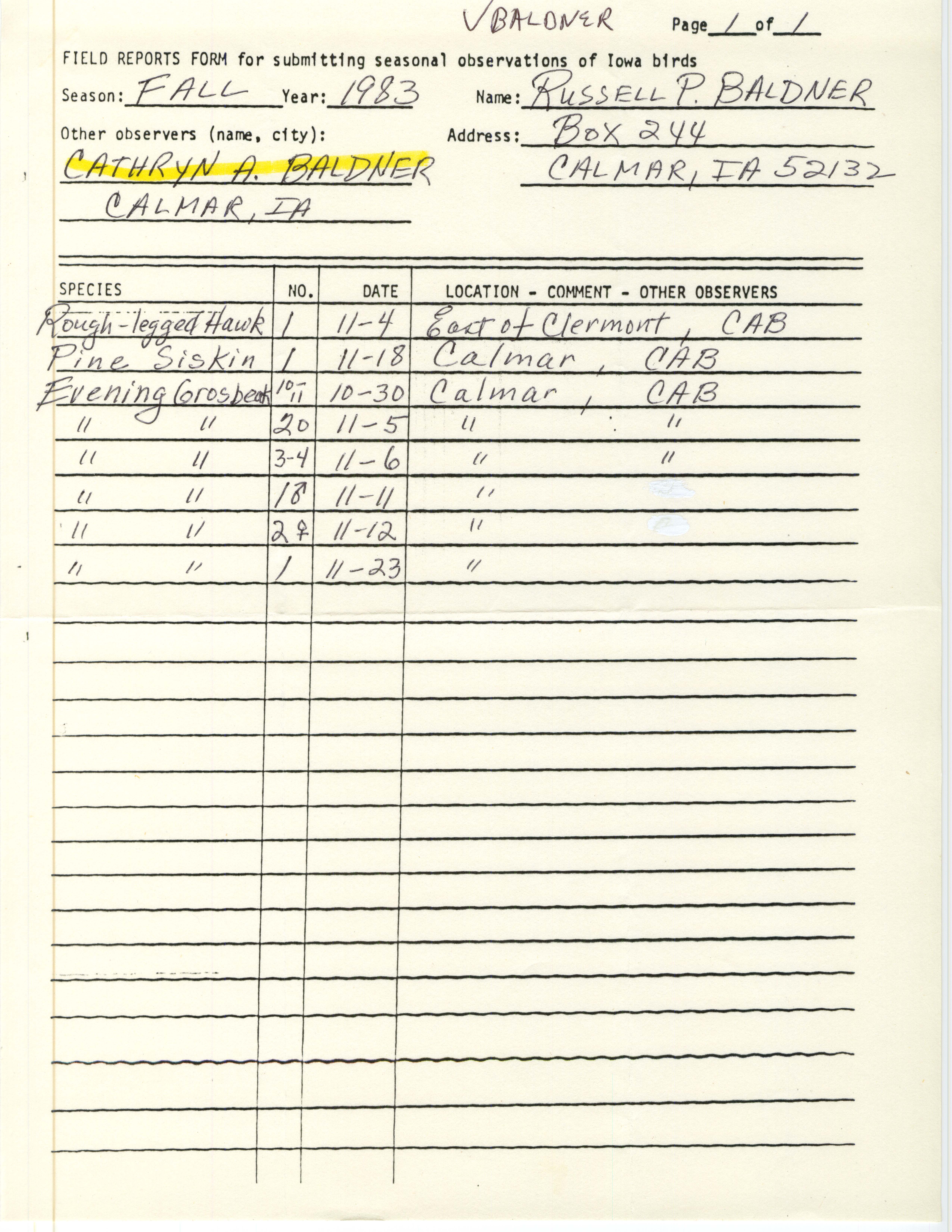 Field reports form for submitting seasonal observations of Iowa birds, Russell Baldner, fall 1983