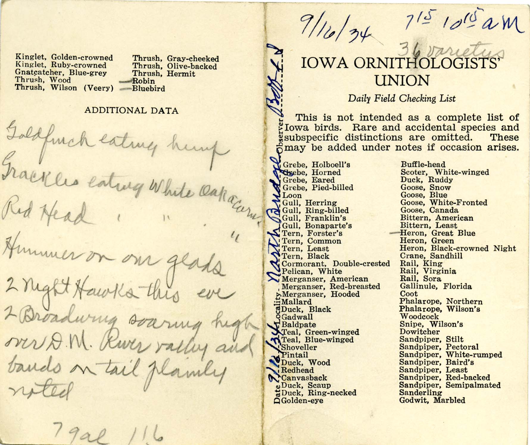Daily field checking list, Walter Rosene, September 16, 1934