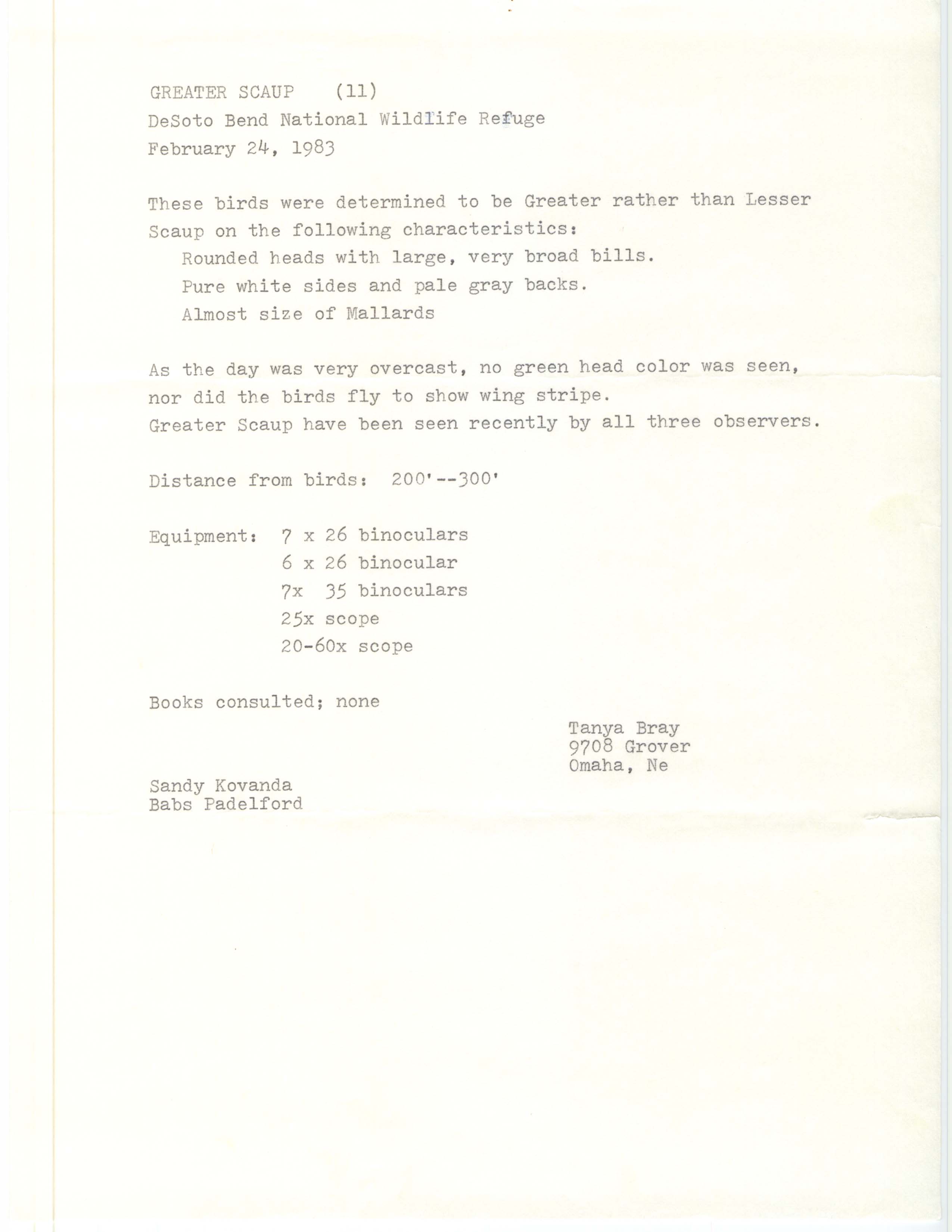 Rare bird documentation form for Greater Scaup at DeSoto National Wildlife Refuge, 1983